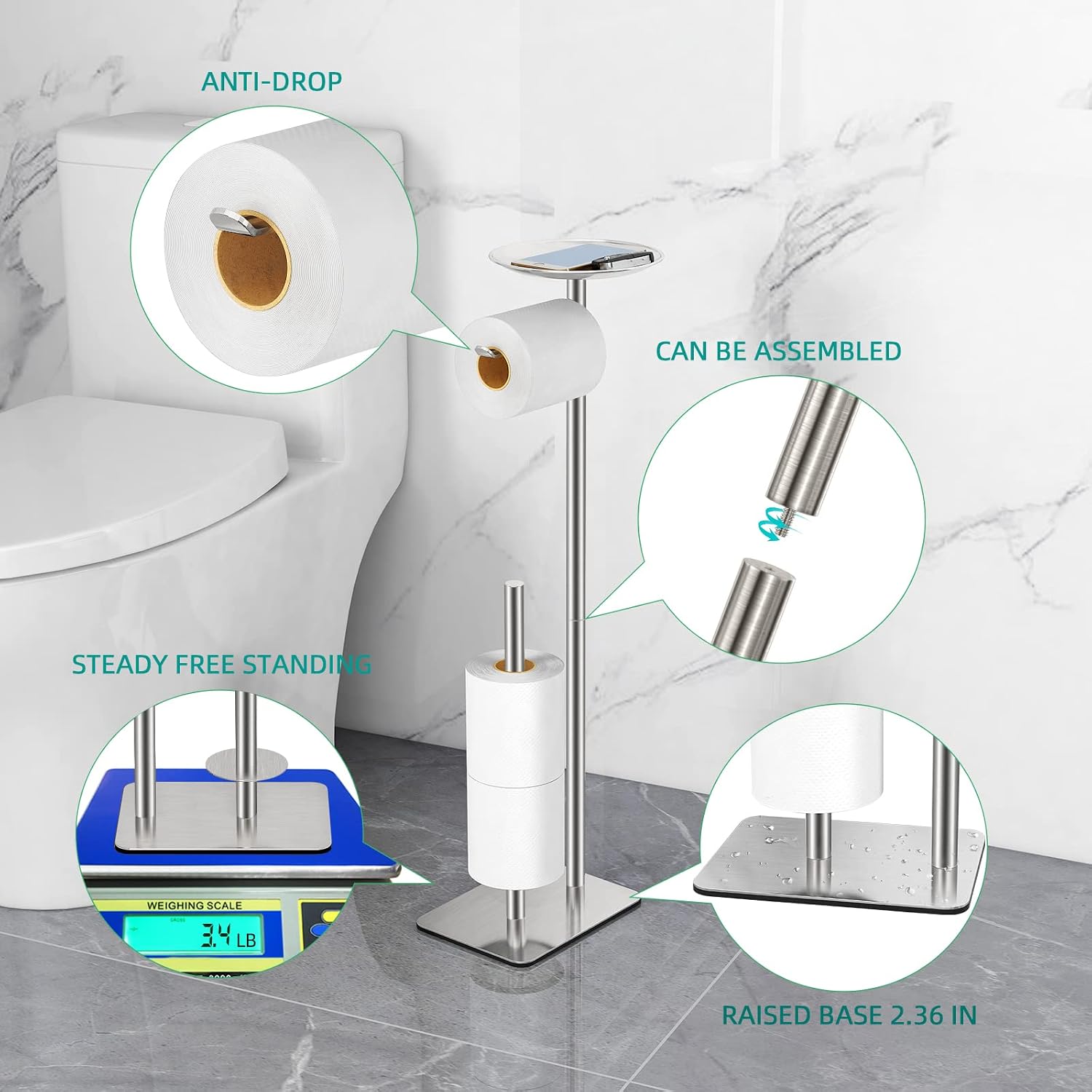 FEILERN Toilet Paper Holder Stand for Bathroom Floor Standing Toilet Roll Dispenser Storages 4 Reserve Rolls, with Top