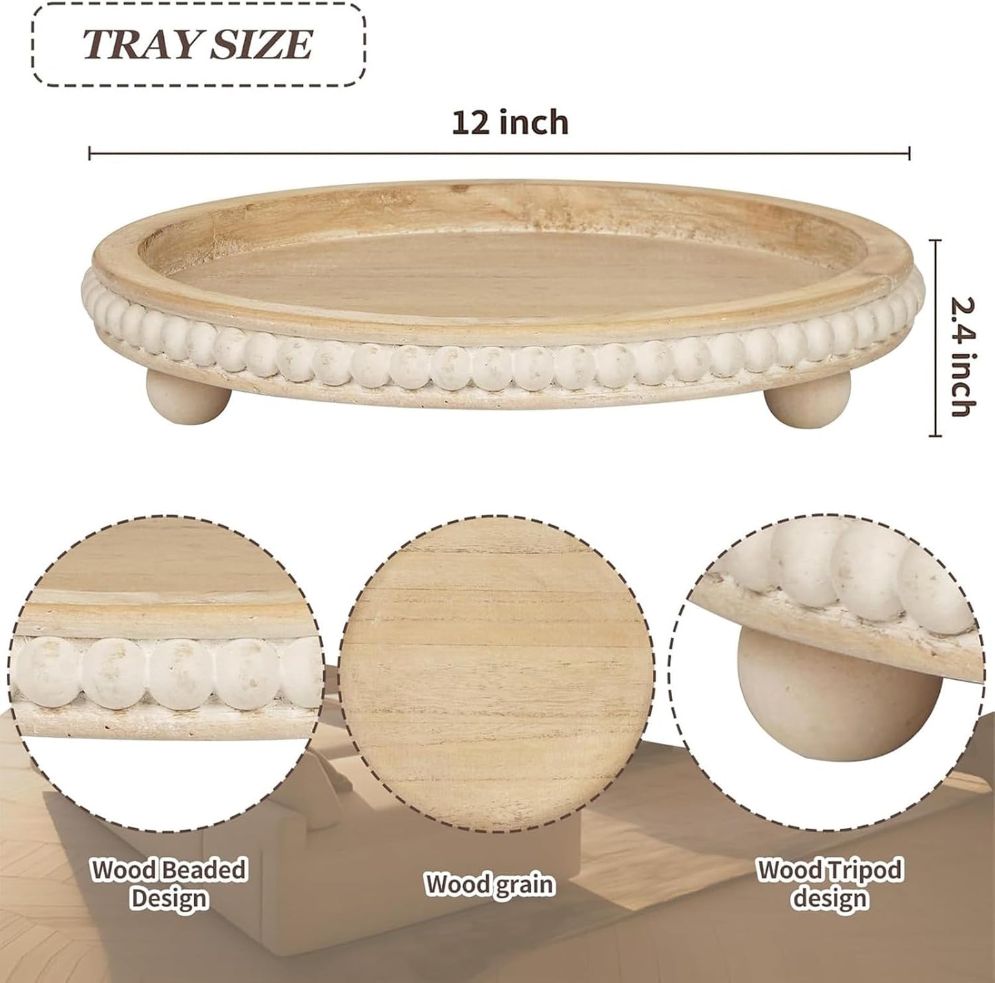 Round Wooden Tray Decor Log Beaded Distressed Rustic Farmhouse Centerpiece for Living / Light Brown