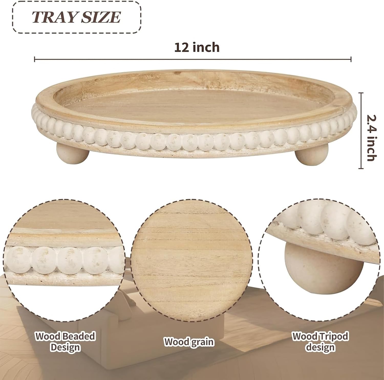 Round Wooden Tray Decor Log Beaded Distressed Rustic Farmhouse Centerpiece for Living / Light Brown