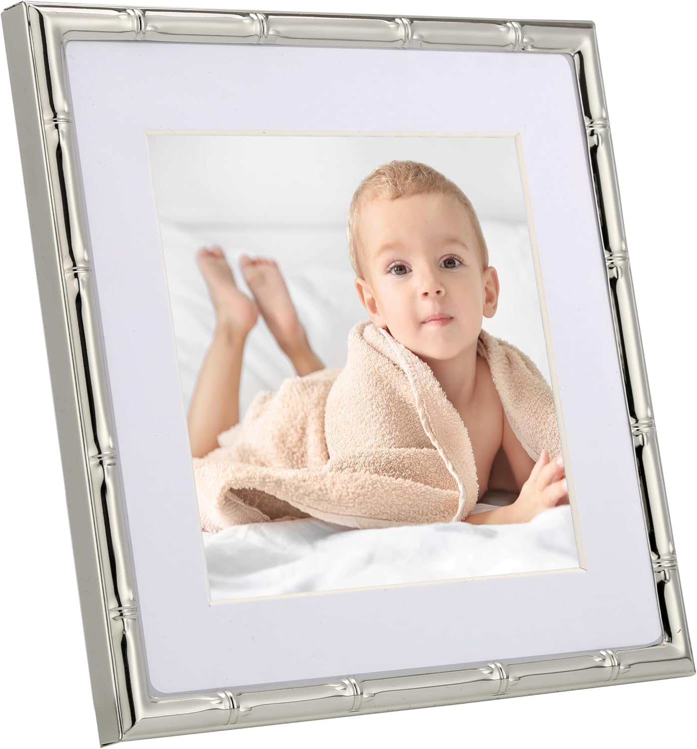 YiPinYin 6x6'' Bamboo Detail Sqaure Silver Metal Picture Frame With Mat for 4x4'' Set of 2, Narrow Silver Plated Photo