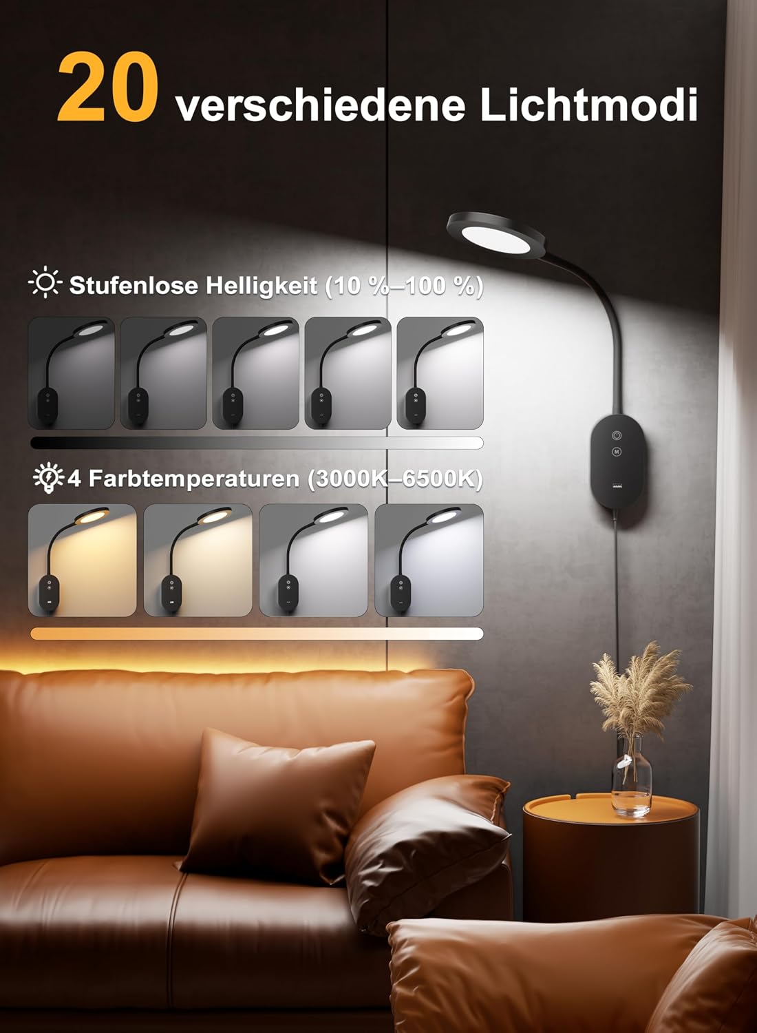 Wall Mounted Reading Light, Book Light for Wall Bed Lamp with 10W USB Output Fast, 4 Hour Auto Off，Eye Caring Reading