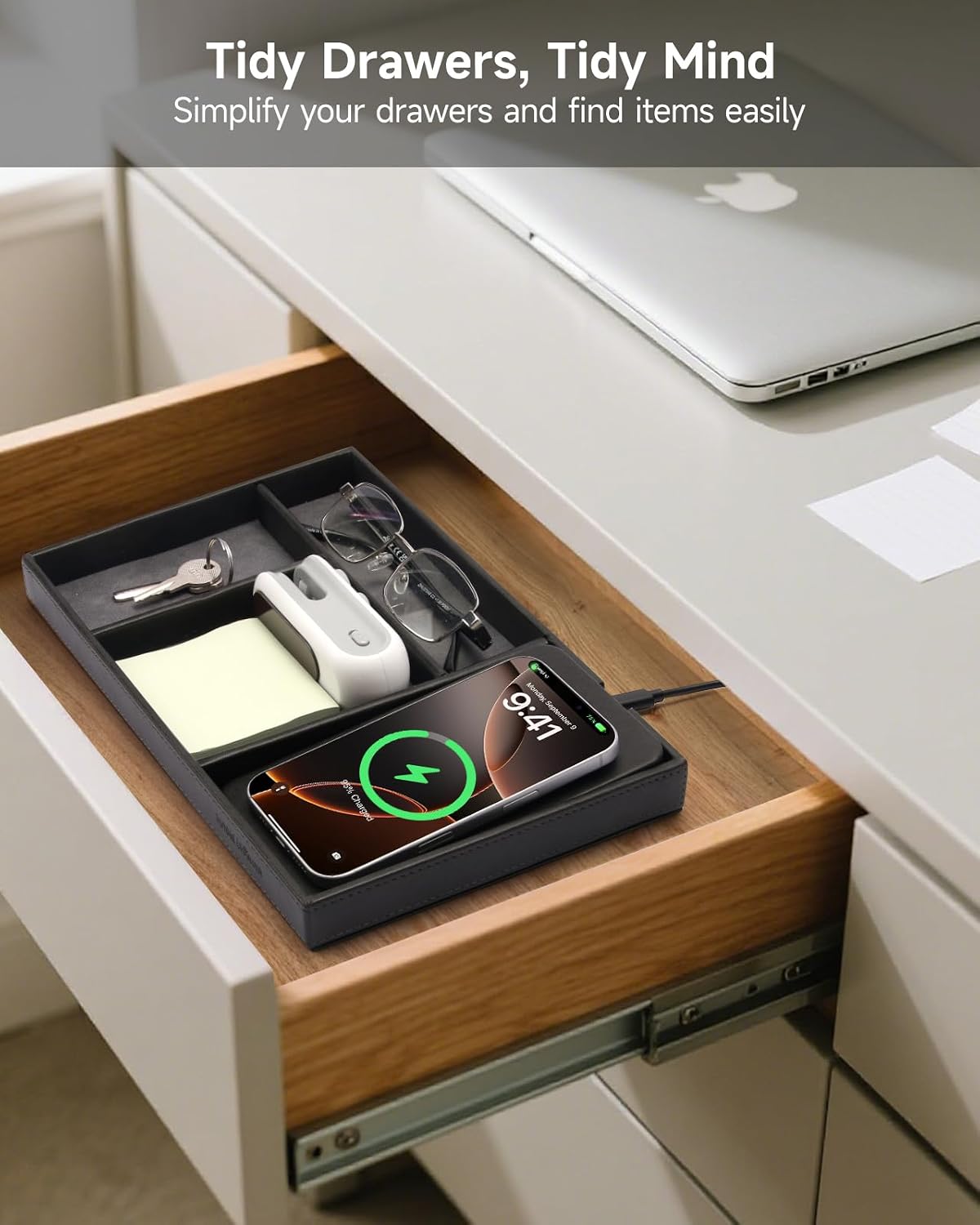 Valet Tray, Built in Wireless Charging Pad, Nightstand Organizer | Two-Toned Premium Leather Desk Bedside Caddy