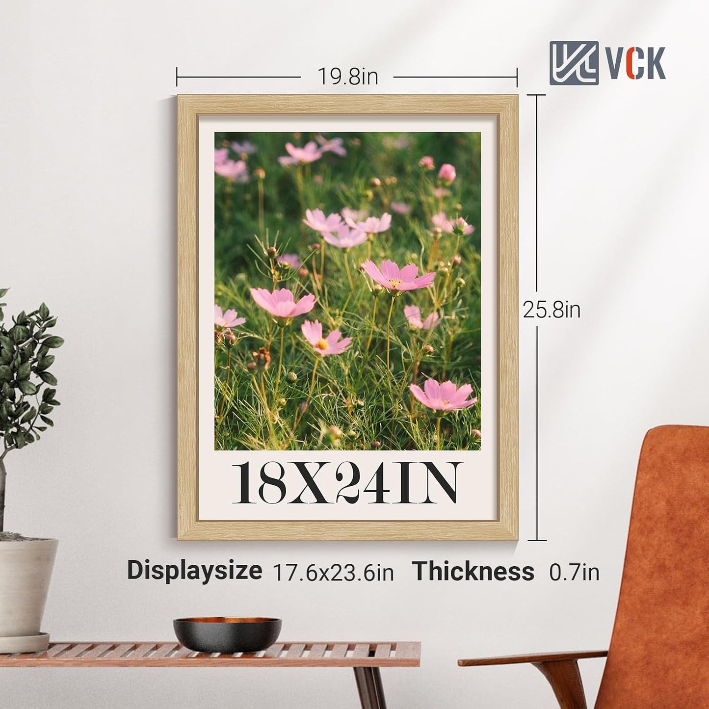 VCK 18x24 Frame Oak 4 Pack, Wide Thick Wood Border, for Prints | Exclusive Woodgrain, Wall Hanging, HD Plexiglass