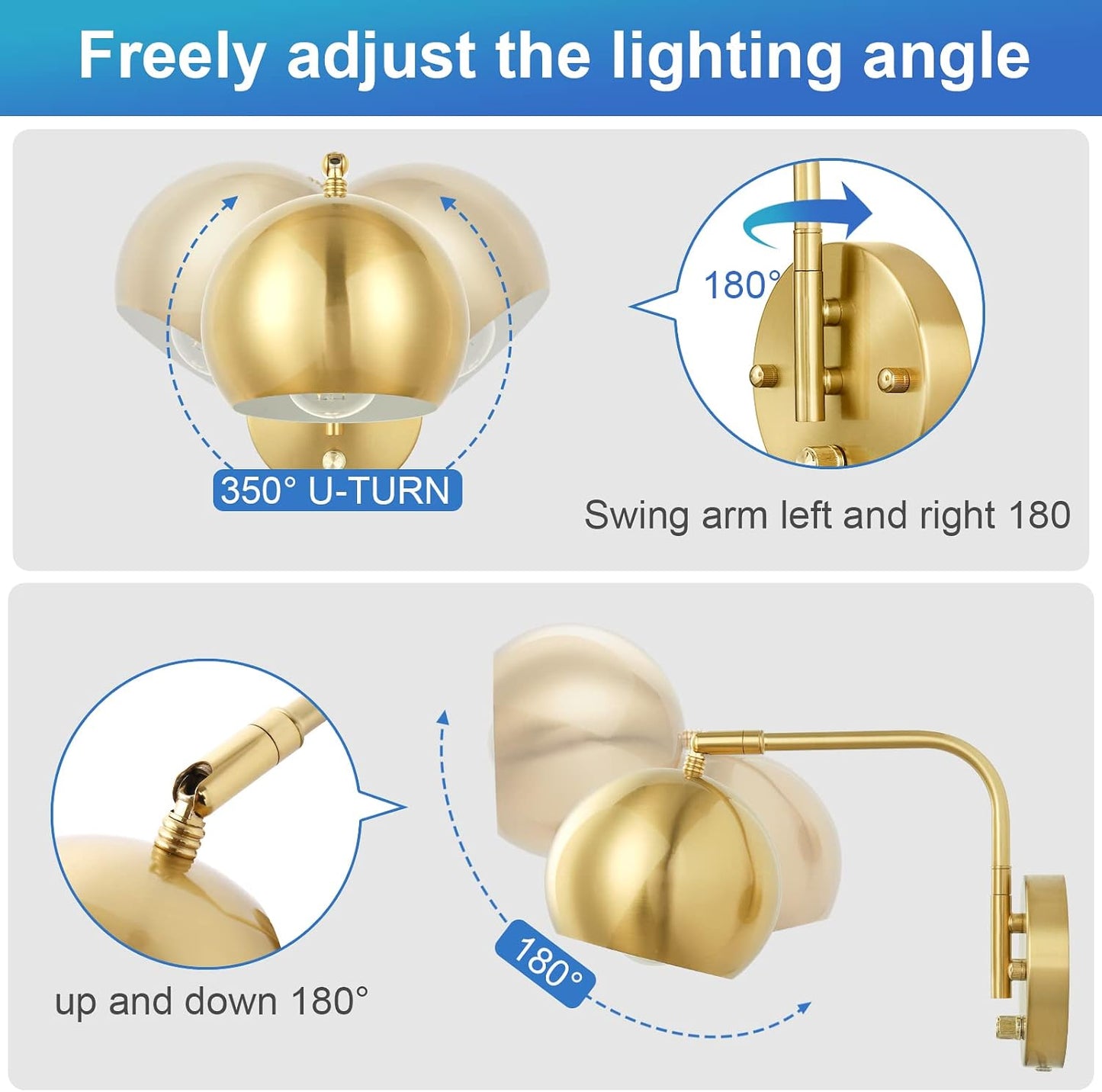 VATONI Wall Sconces Plug in, Dimmable Wall Sconce Swing Arm Wall Lights with Plug in Cord and Dimmer On/Off Knob