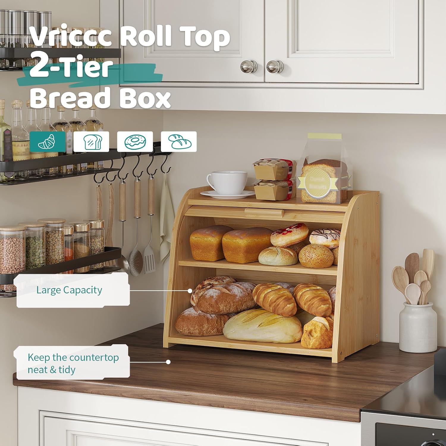 Roll Top Bread Box for Kitchen Countertop, 2-Tier Large Bamboo Wood Bread Box, Wooden Corner Bread Storage Capacity