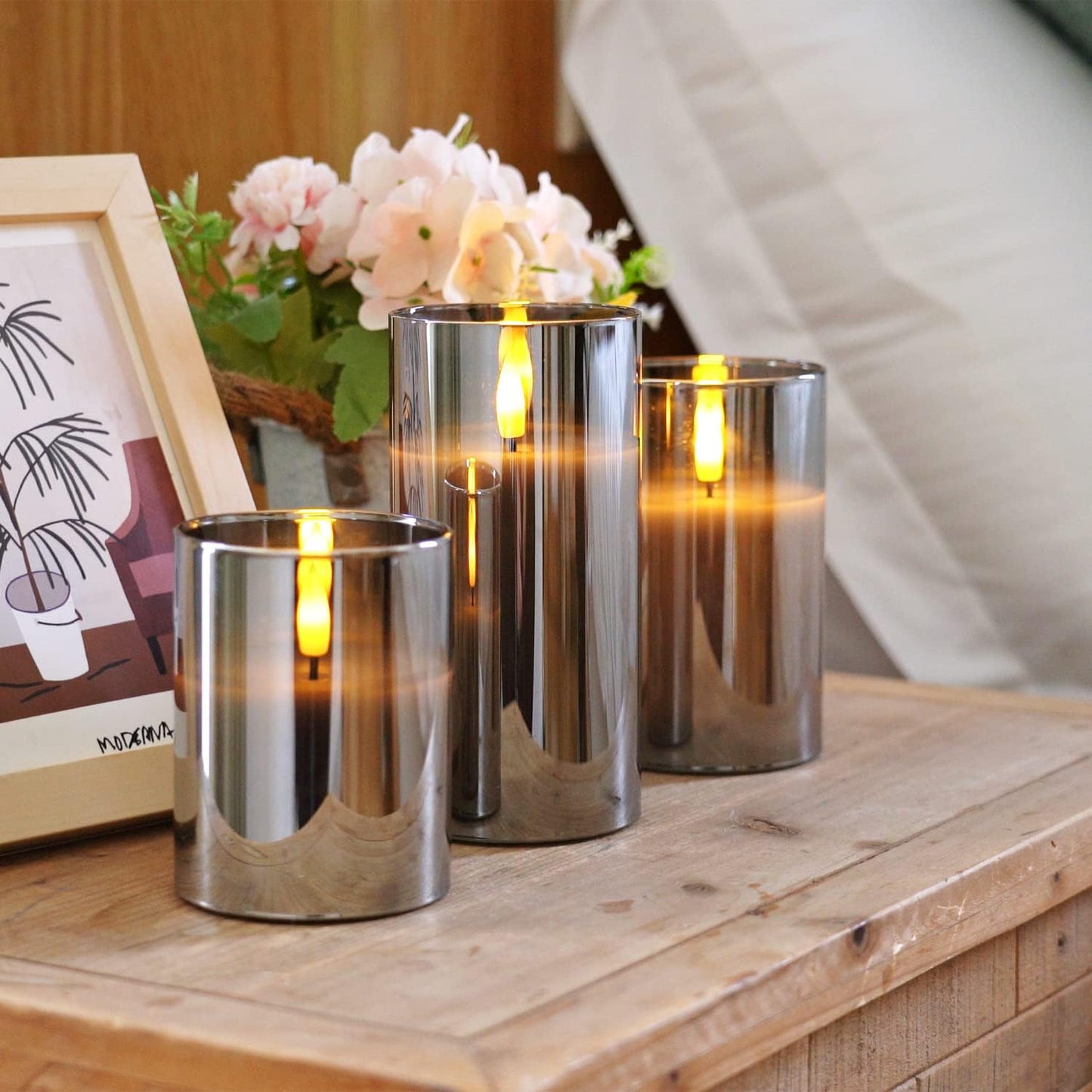 Homemory Grey Glass Flameless Candles, Real Wax, Remote Timer, 3 Pack | D3"xH4"5"6", battery operated flickering LED