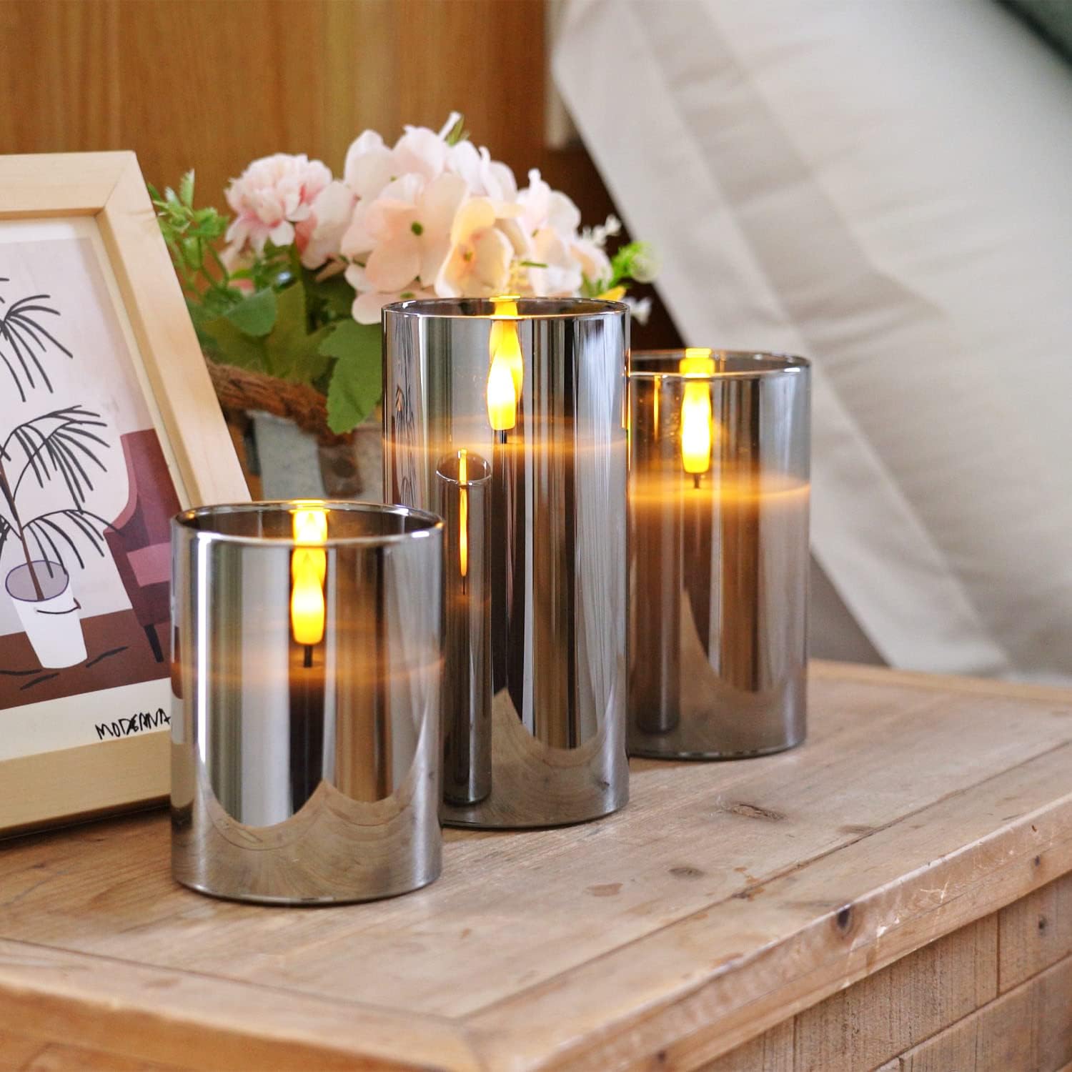 Homemory Grey Glass Flameless Candles, Real Wax, Remote Timer, 3 Pack | D3"xH4"5"6", battery operated flickering LED