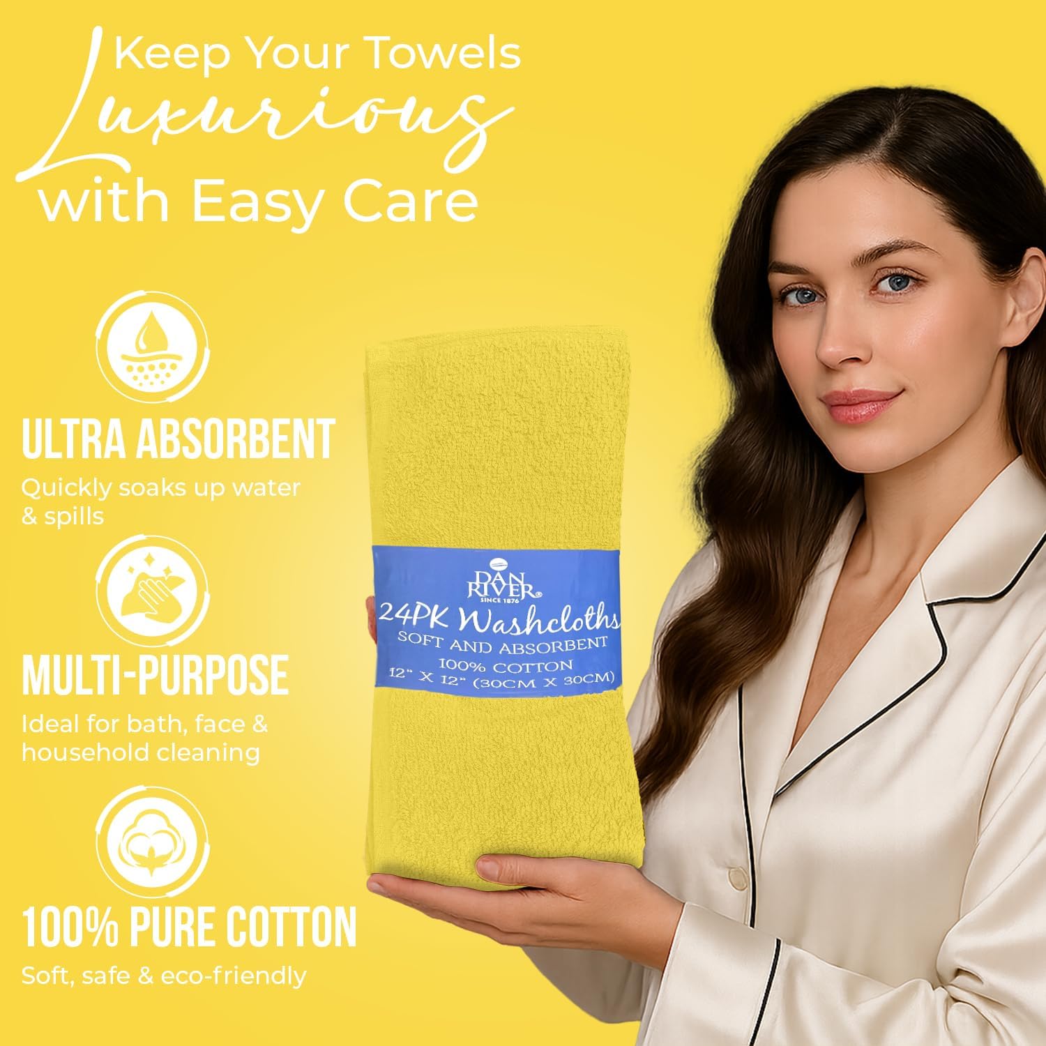 DAN RIVER 24 Pack Cotton Wash Cloths Set for Showering [12x12] Yellow | Lighter Weight, Quick to Dry, Super Soft &