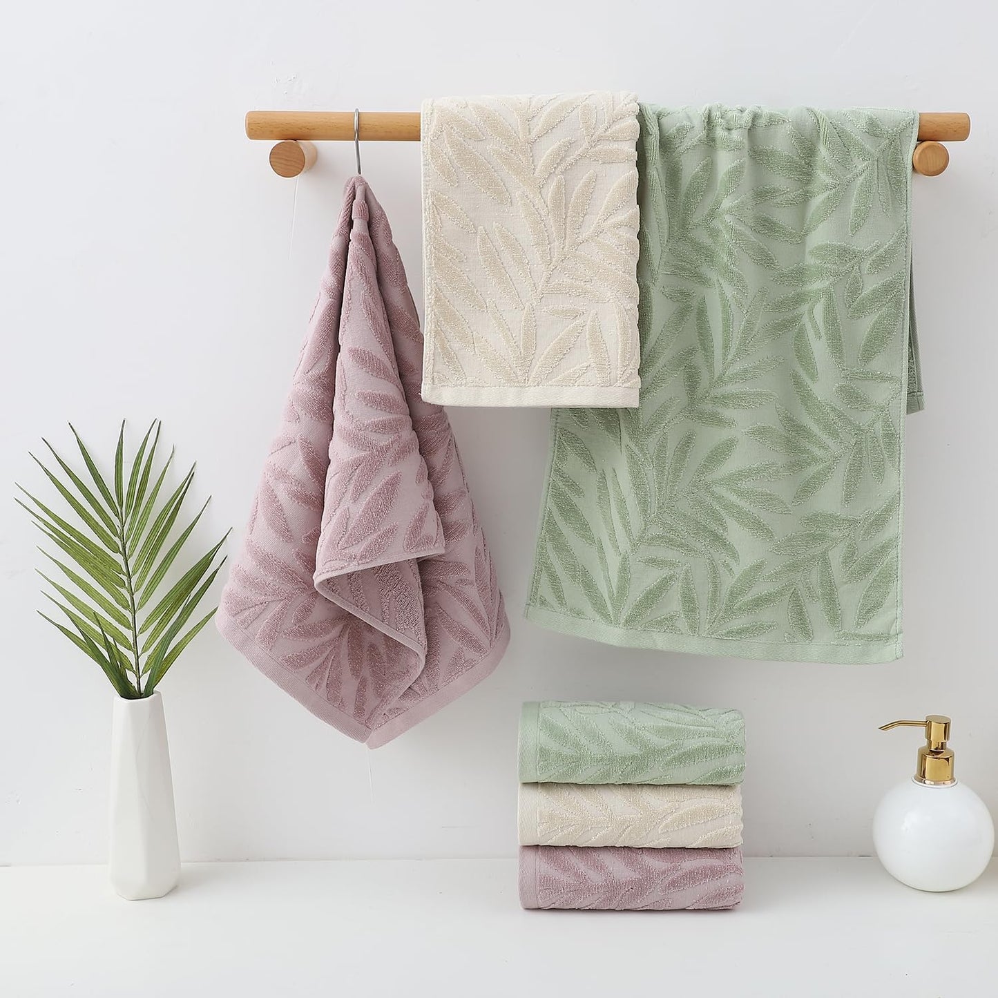 Hand Towels Set of 4 Leaf Pattern 100% Cotton Absorbent Soft Decorative Towel for Bathroom (Green)