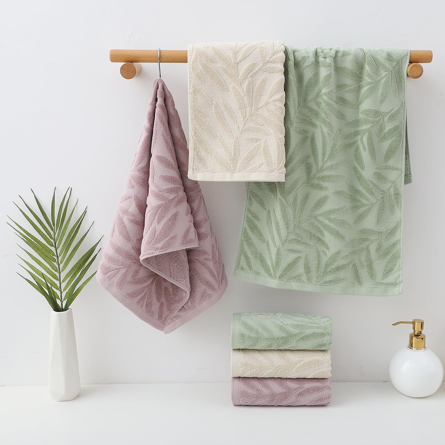 Hand Towels Set of 4 Leaf Pattern 100% Cotton Absorbent Soft Decorative Towel for Bathroom (Green)