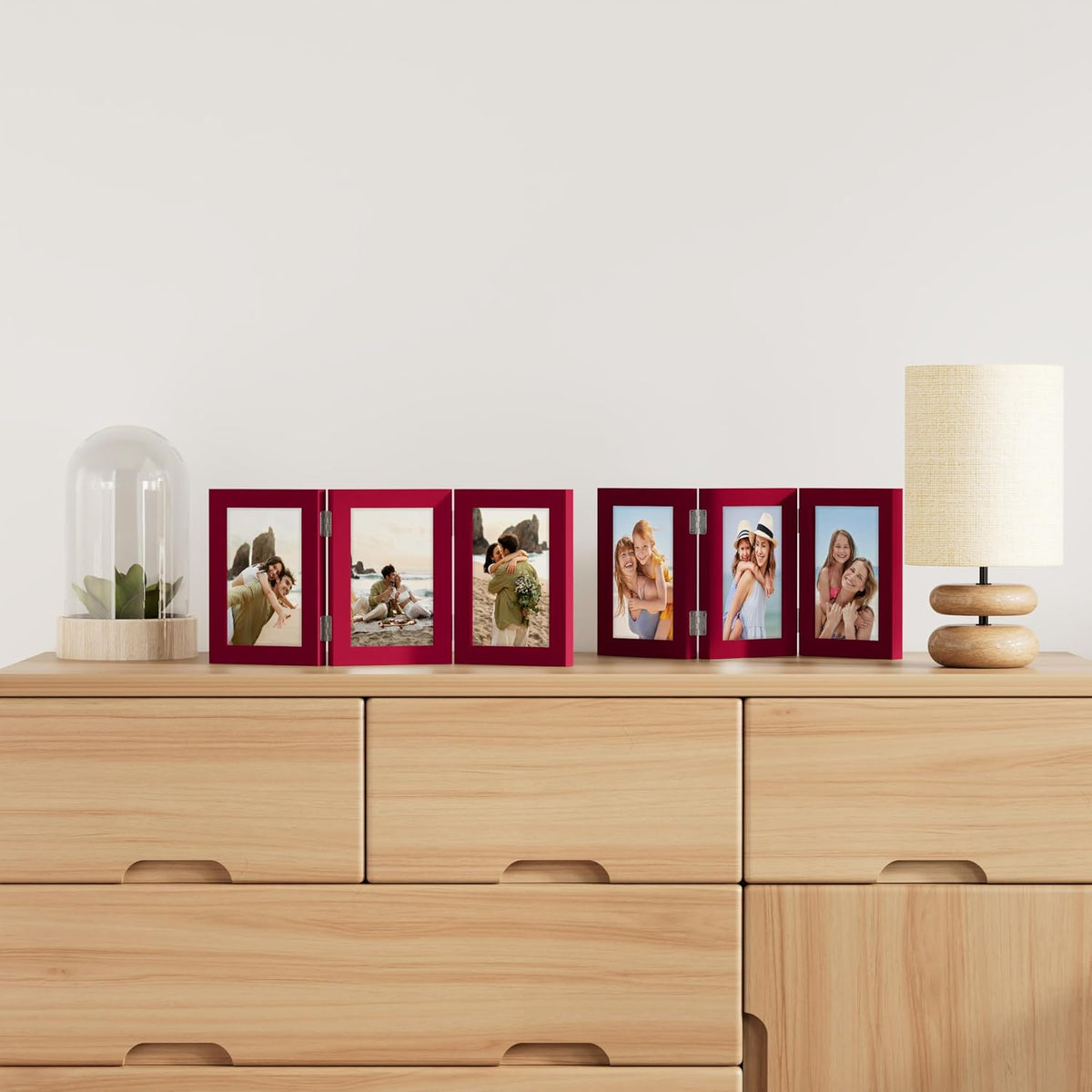 decorUhome Red Triple 5x7 Picture Frame Vertical, MDRD08 | "Z" Shape Folding Design Engineered Wood Trifold Photo Frame