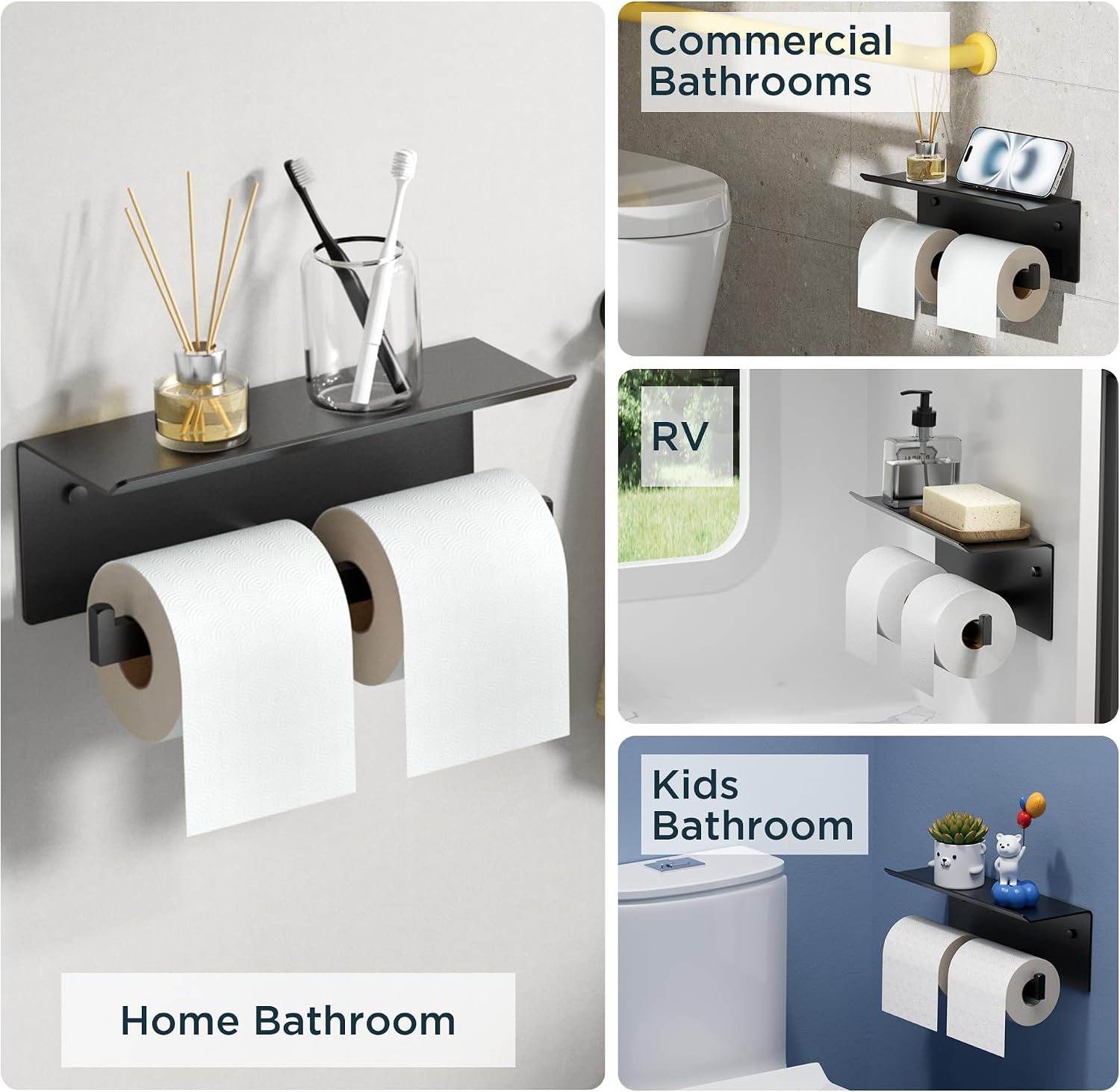 FORIOUS Toilet Paper Holder with Shelf, Commercial Toilet Paper Dispenser | Matte Black | SUS304 Stainless Steel Wall