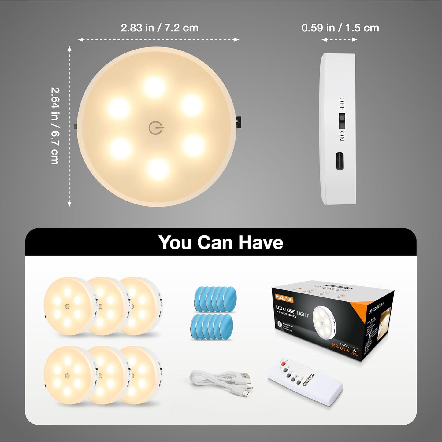 Puck Lights with Remote Control,1000mAh rechargeable under cabinet lighting,LED Closet Lights,3Pack Tap Light,Cordless