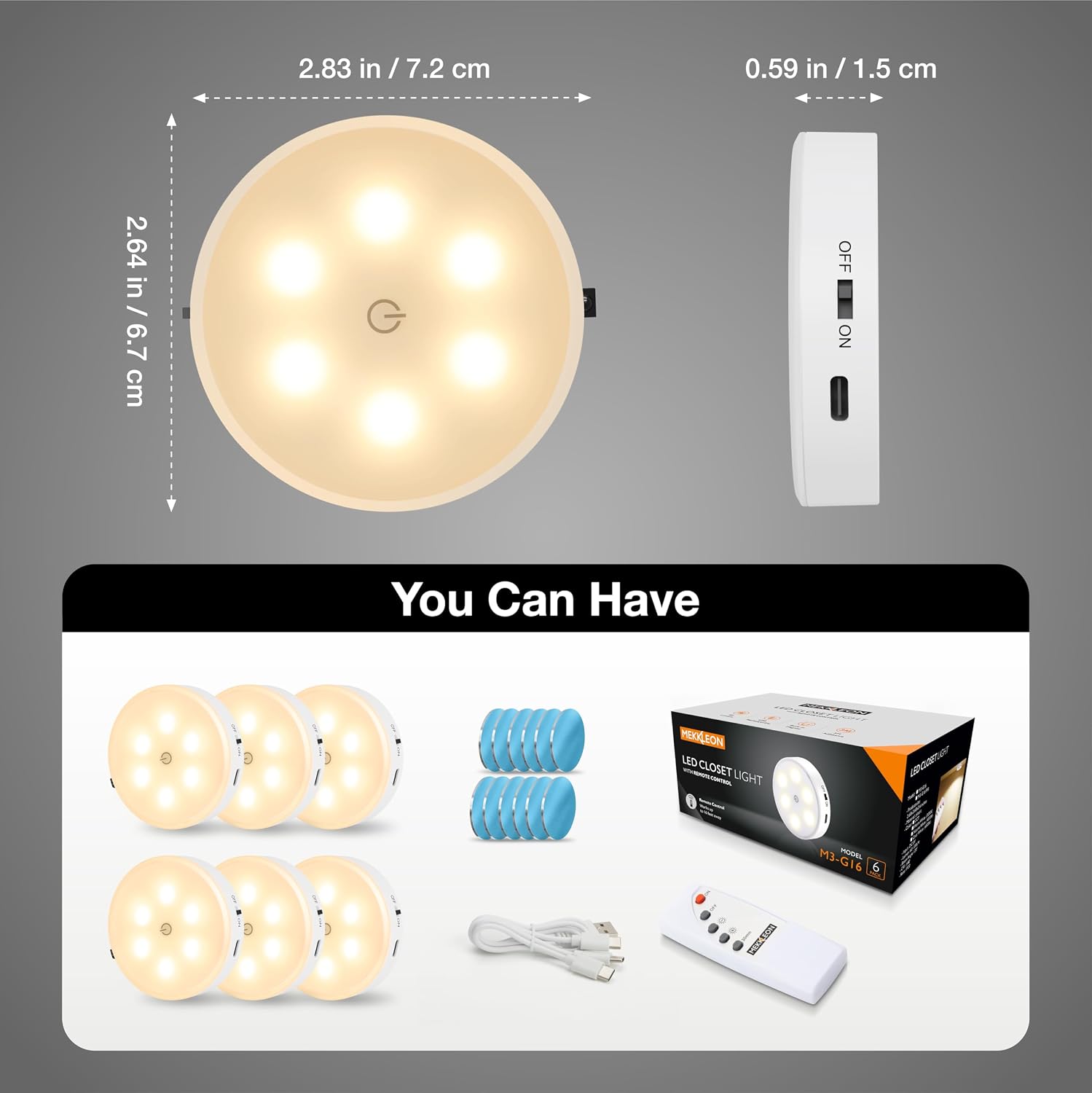 Puck Lights with Remote Control,1000mAh rechargeable under cabinet lighting,LED Closet Lights,3Pack Tap Light,Cordless