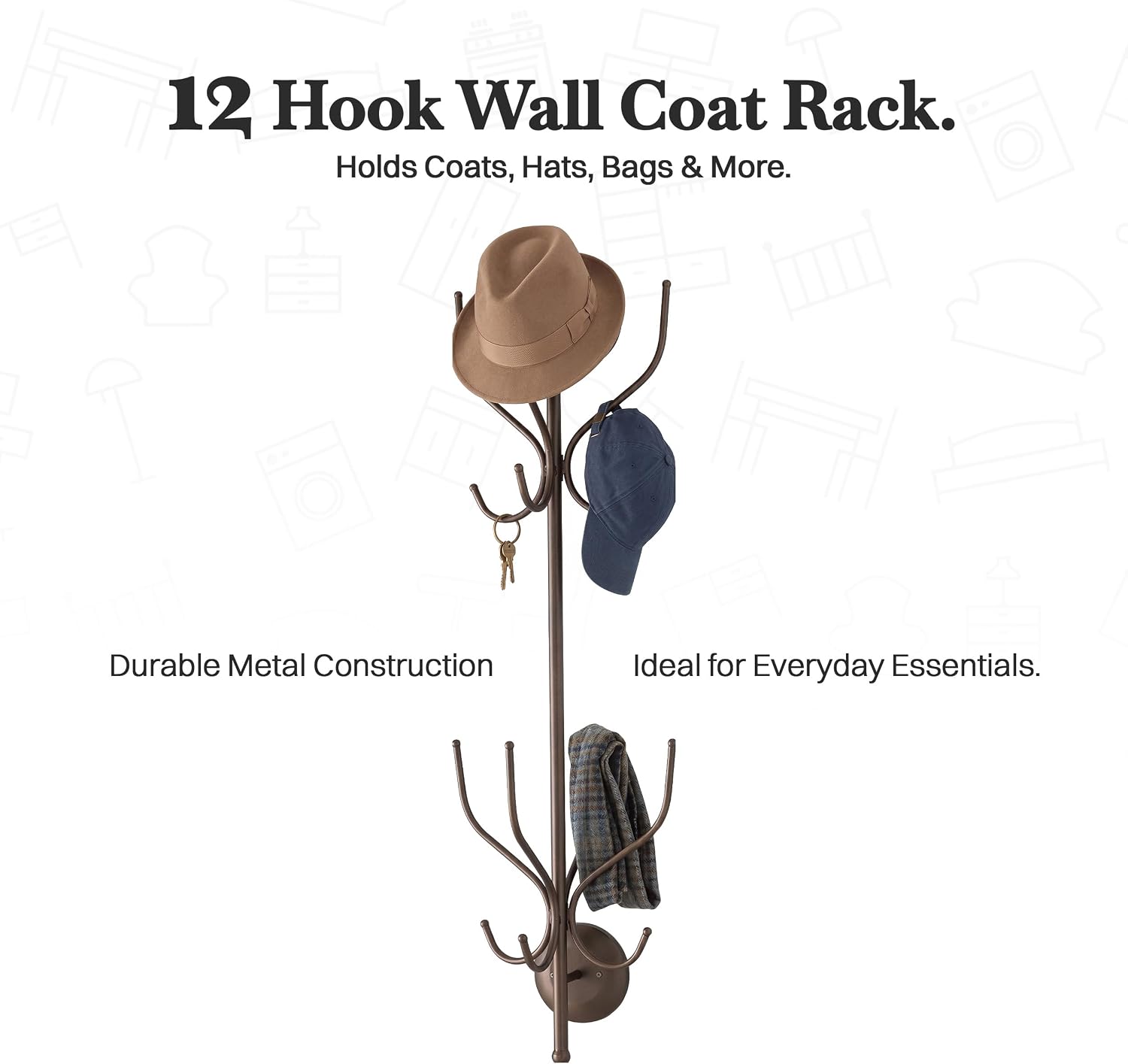 Kings Brand Furniture – Nino Metal 12 Hook Wall Mount Coat & Hat Rack, Pewter