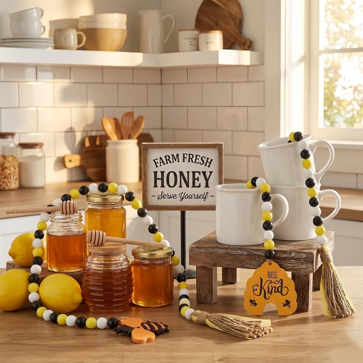 Honey Bee Wood Bead Garland Rustic Farmhouse Tiered Tray Decor / Yellow / Set of 2