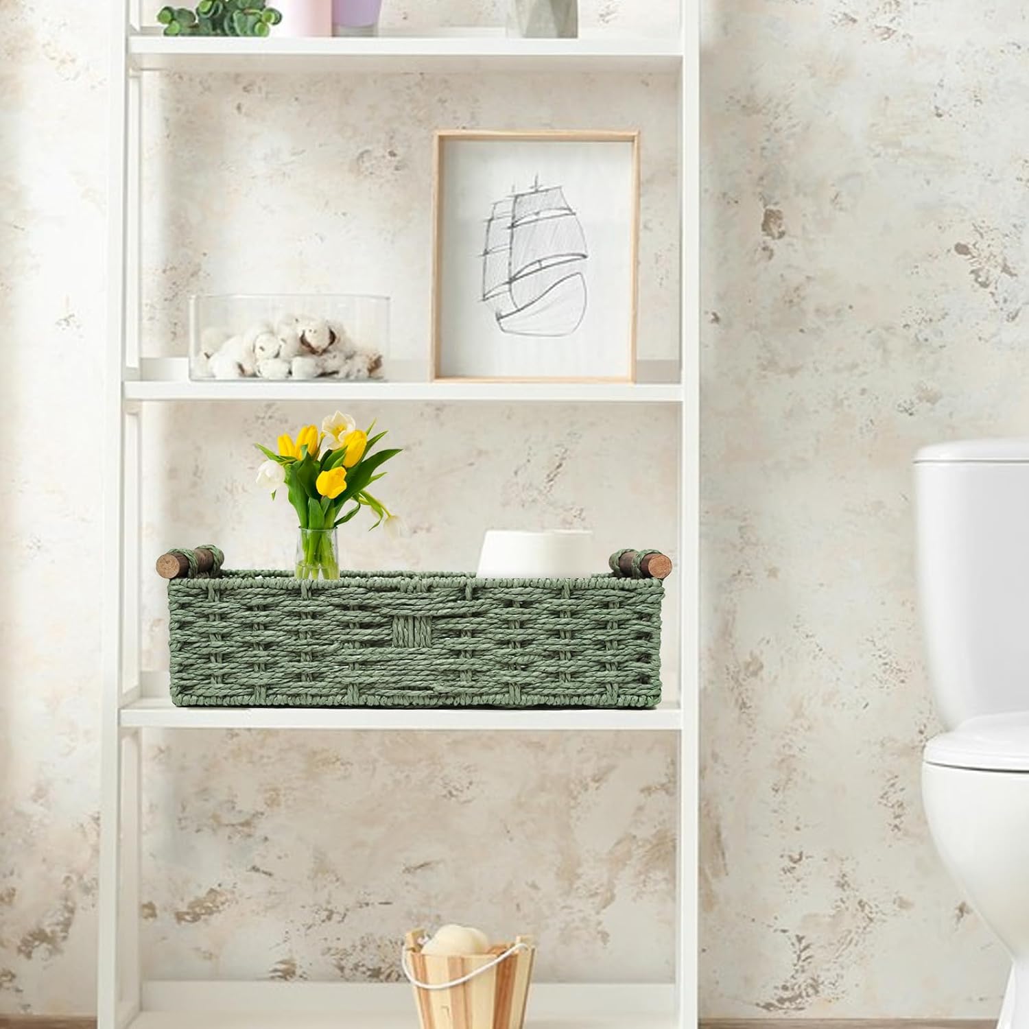 Round Paper Rope Storage Basket Wicker Baskets for Organizing / Green