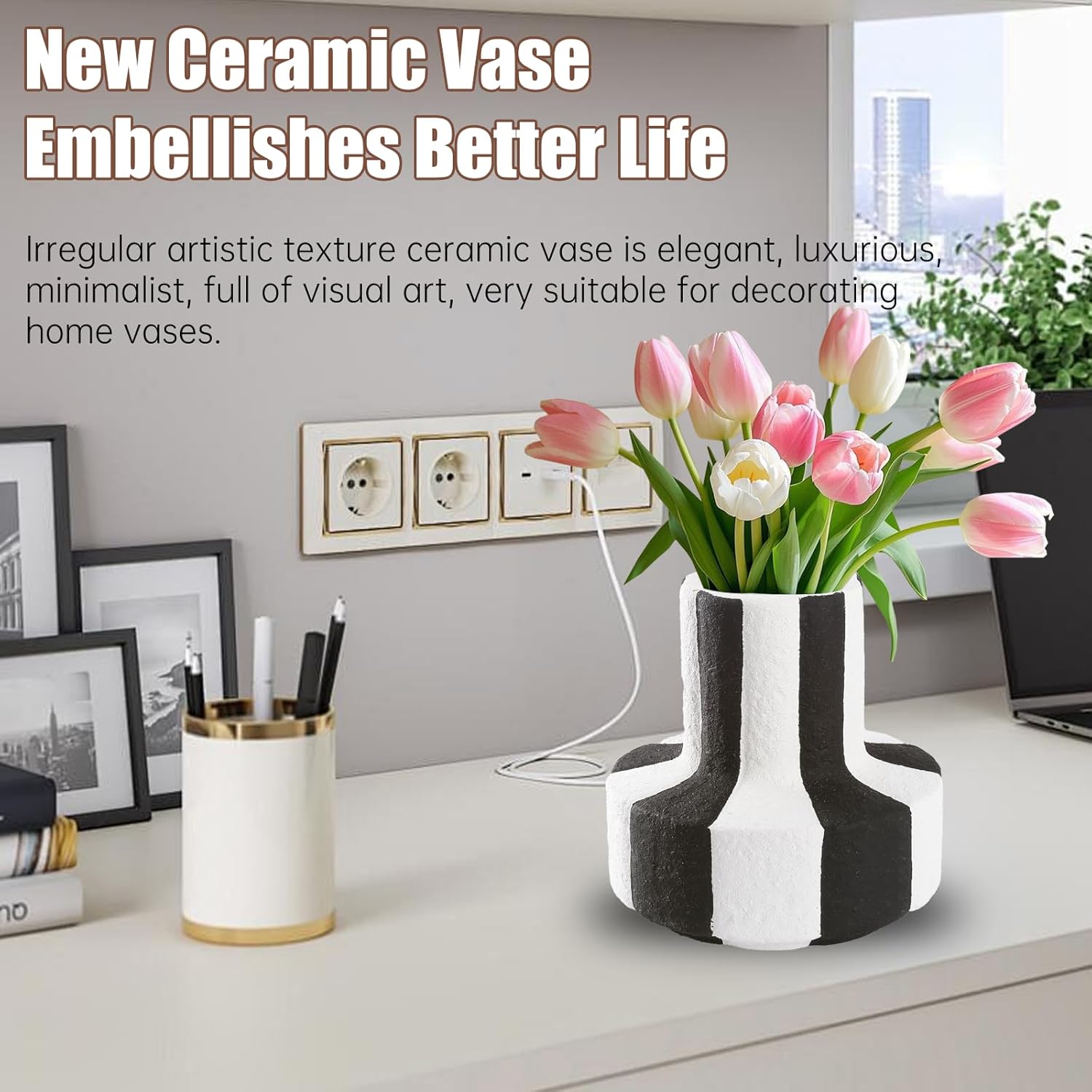 White Striped Ceramic Vase / Black
