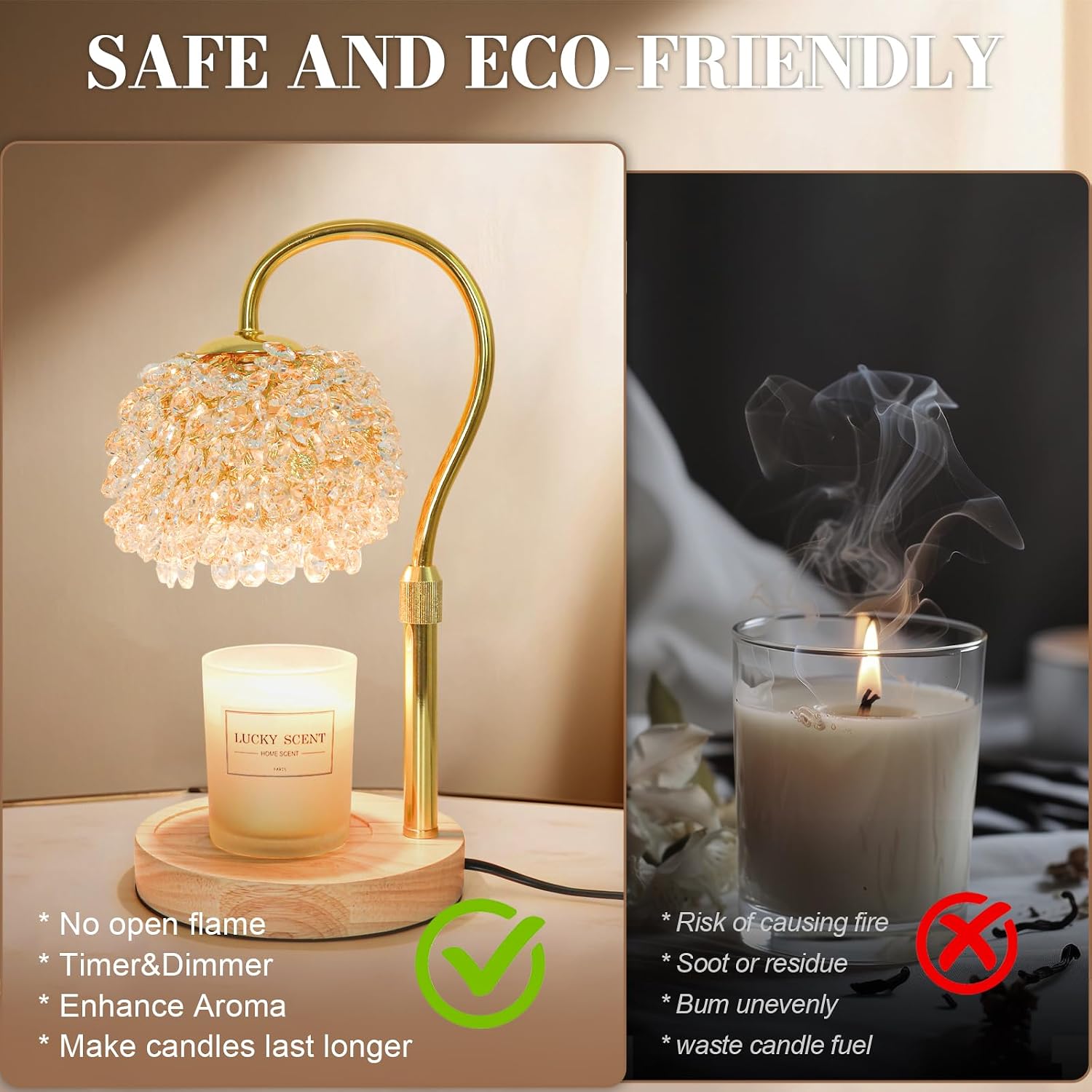 Hisummer Candle Warmer Lamp with Timer, Dimmable Candle Lamp Warmer with 312 K9 Crystals Adjustable Height Electric