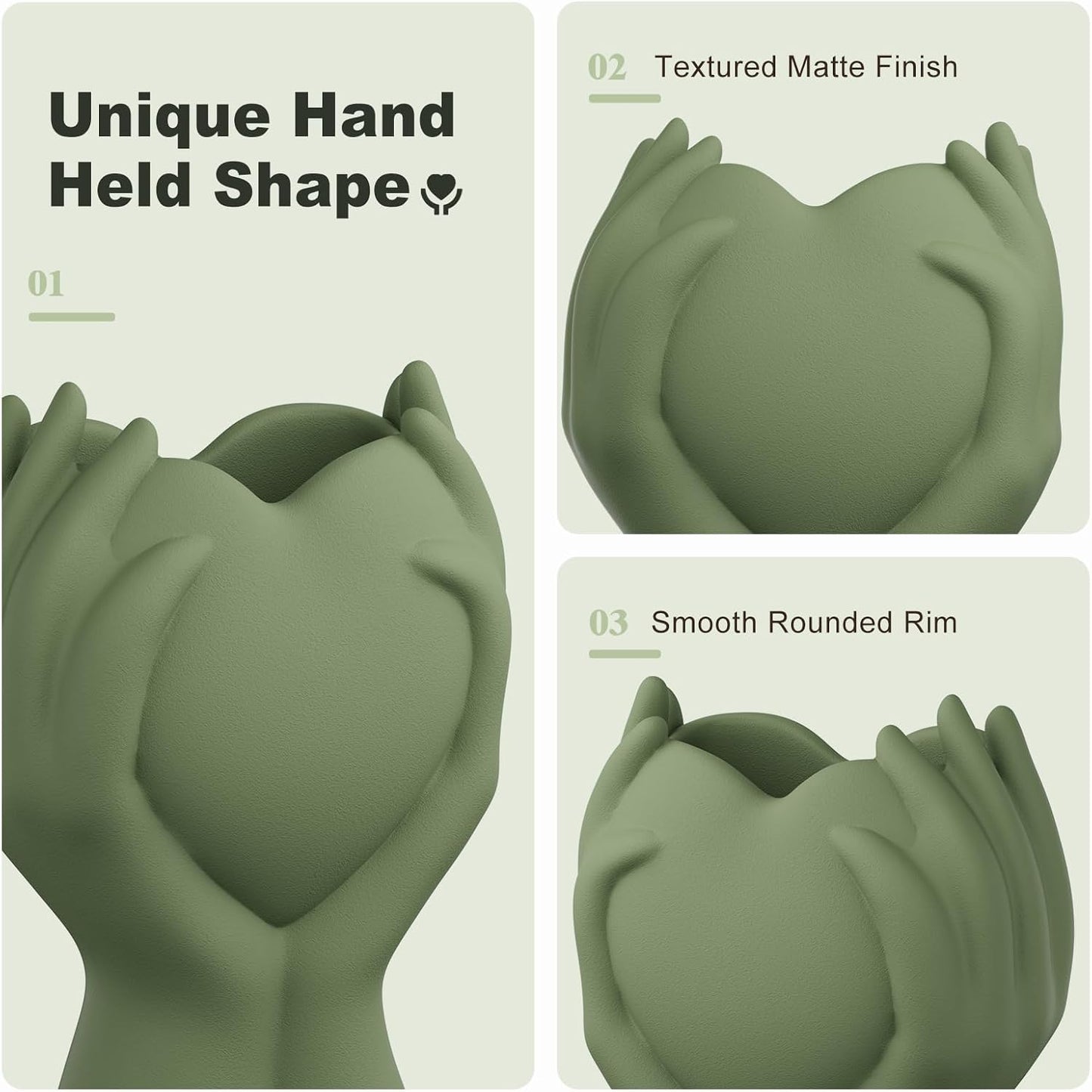 Heart Hand Ceramic Vase / Green / 8 Inch
