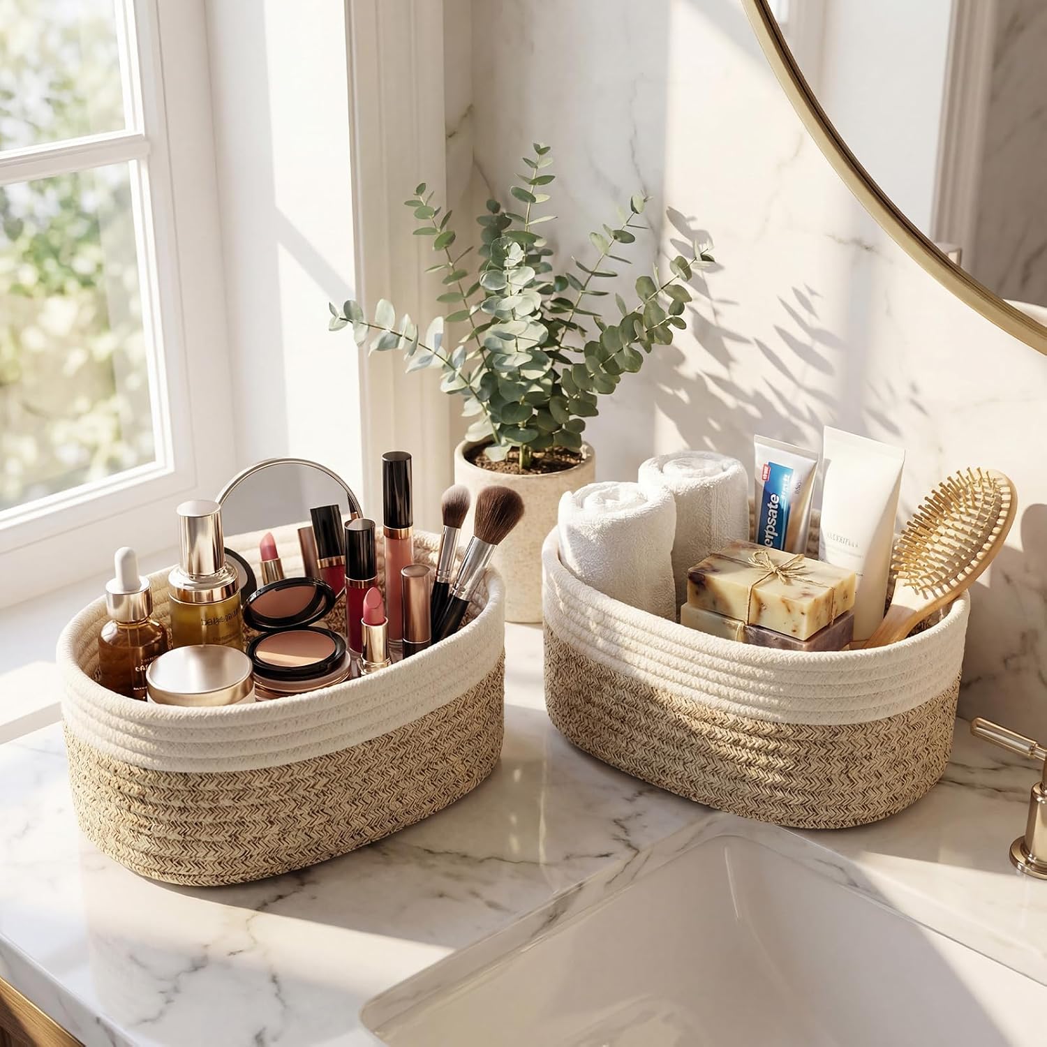 Small Woven Baskets for Storage / Brown, White / Set of 10