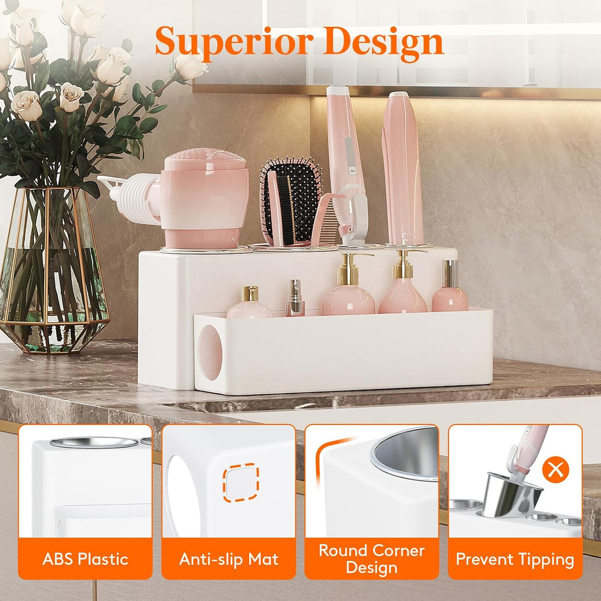Lifewit Hair Tool Organizer Dryer Holder Countertop with 4 Cups, White | 4 Stainless cups Tools Organizer, Acrylic body