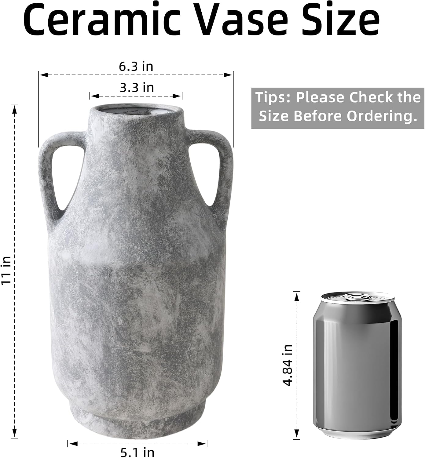 Grey Ceramic Flower Vase / 11inch Grey / 11 Inch