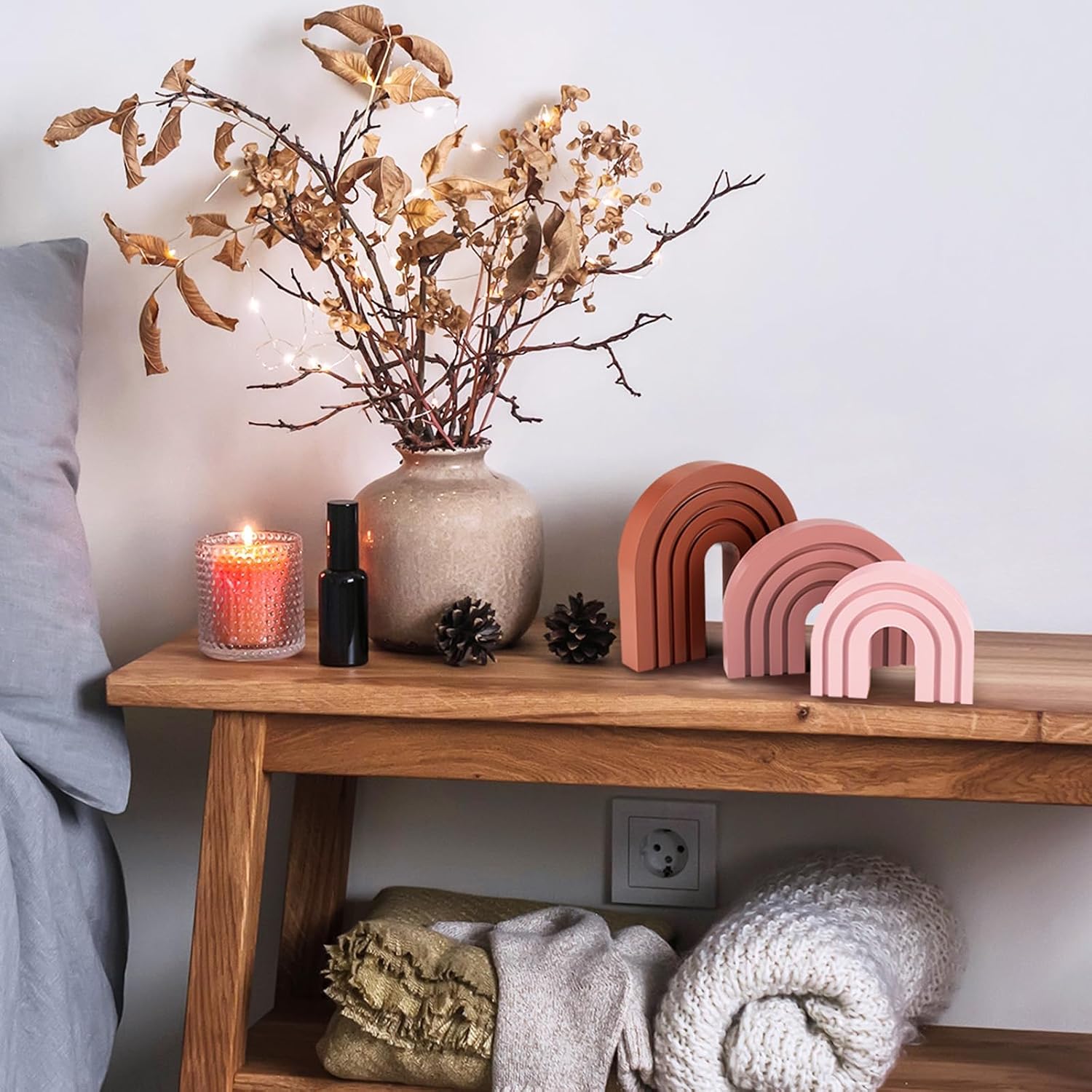 Boho Shelf Decor Wood Arch Rainbow Room Decor Modern Wooden Arch Decoration / Pink / Set of 3