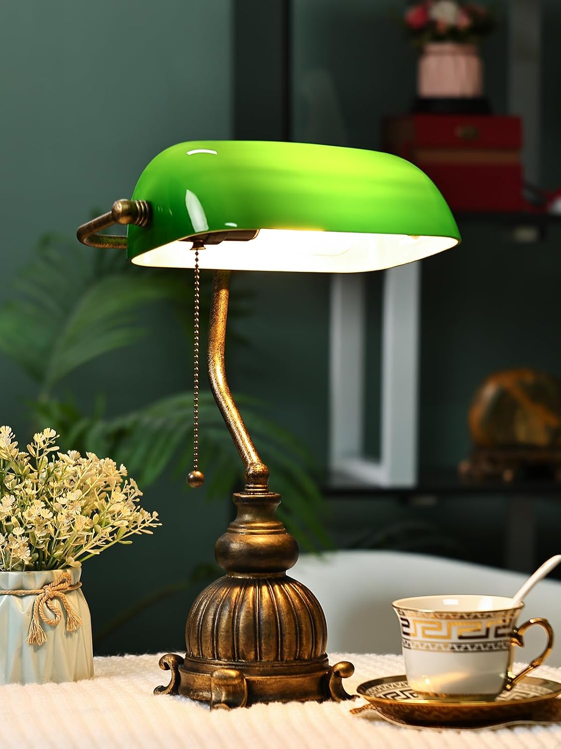 Retro Green Glass Bankers Desk Lamp,LED Bulb Included | Home Office Library with Pull Chain Switch Plug in Fixture