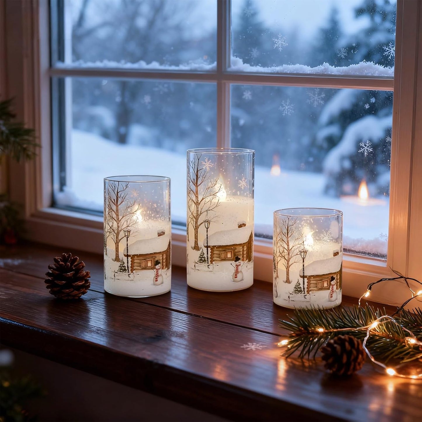 Snowman Glass Flameless Candles Battery Operated with Remote and Timer Real Wax LED Flickering Pillar Candles White