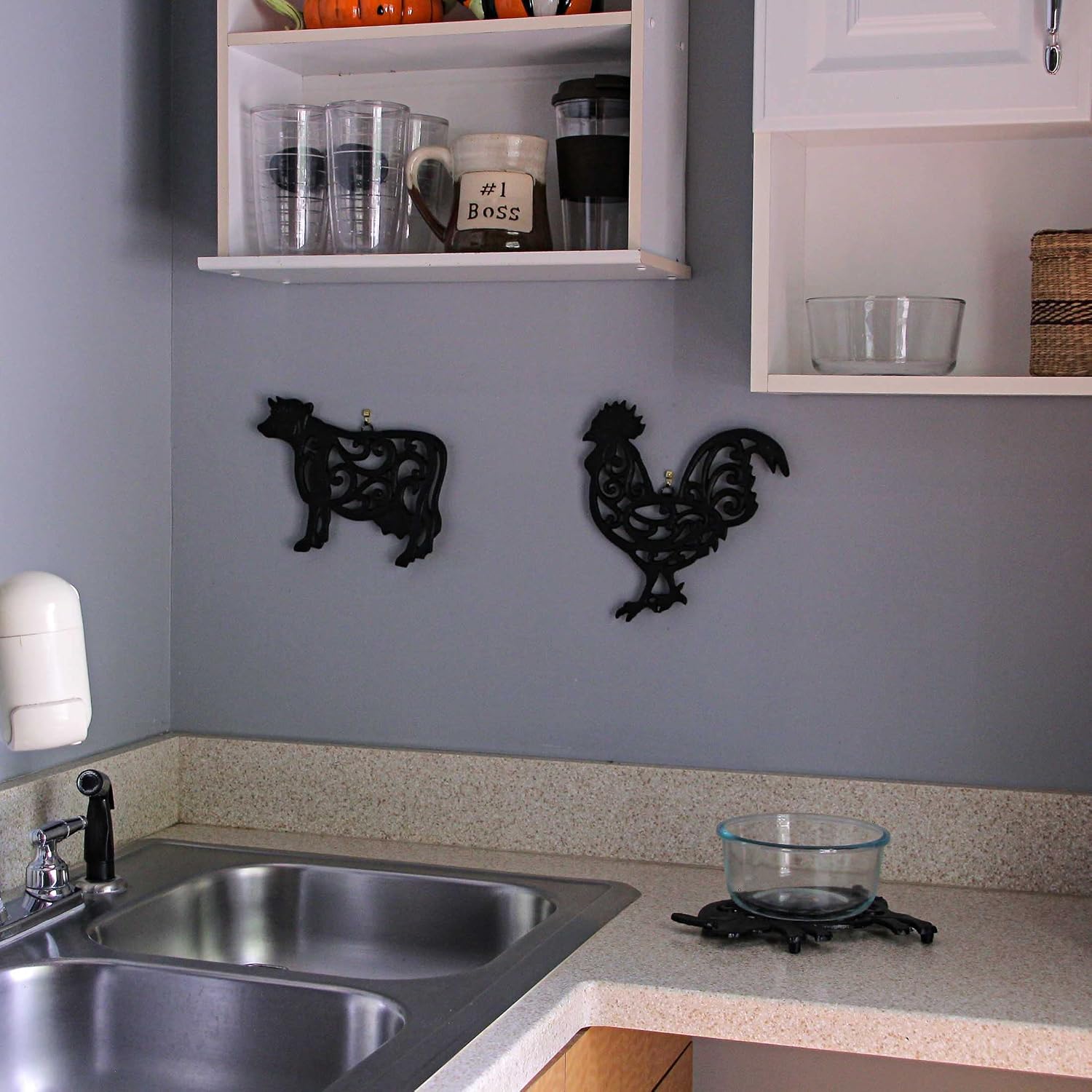 Set of 3 Farm Animal Kitchen Trivets, Black 9 Inch Cast Iron | Rooster, Pig and Cow Designs, Enamel Coating with