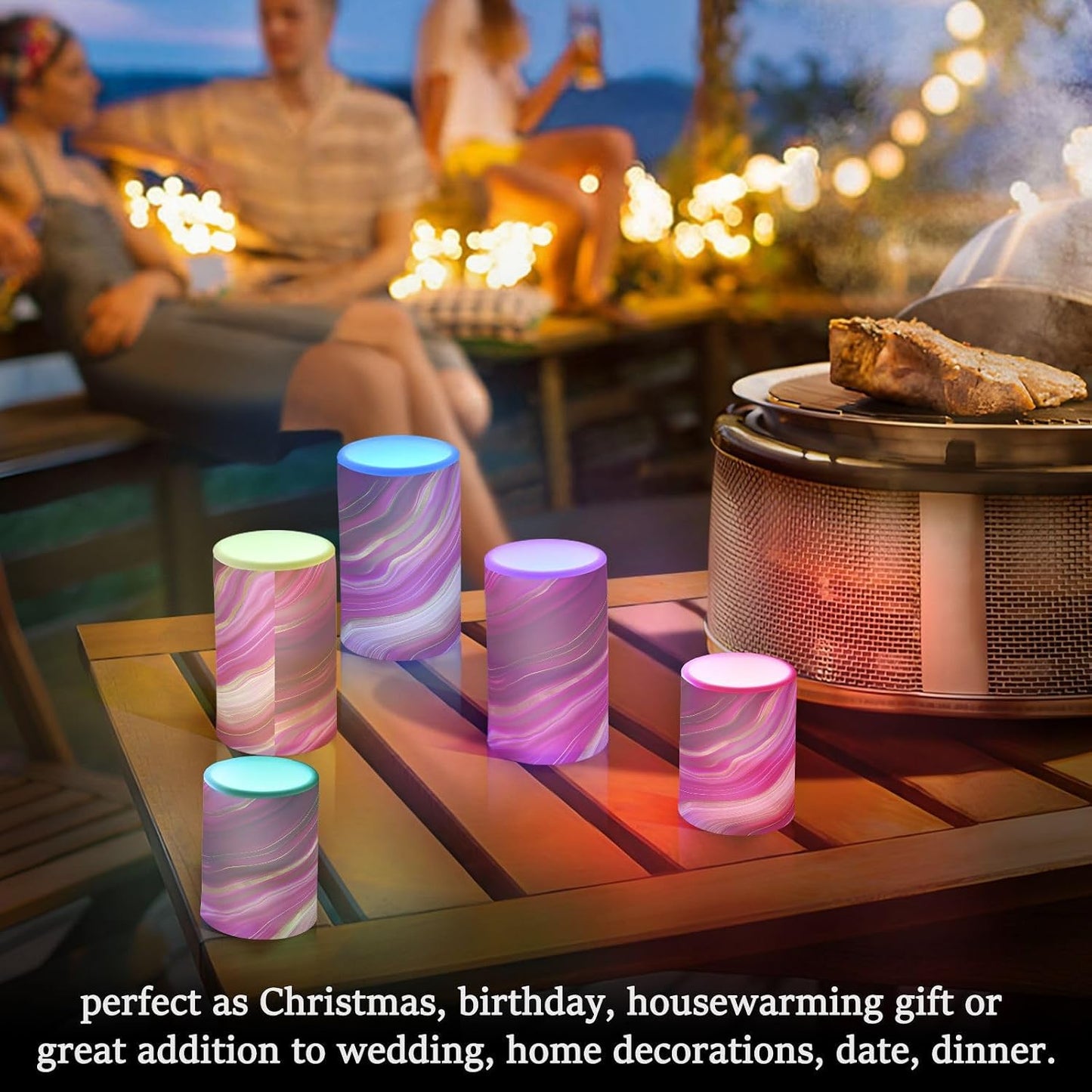 Flickering Flameless Candles, Fuchsia Gold Fluid Marble LED Candles with Remote Timer, Set of 2 Battery Operated Candle