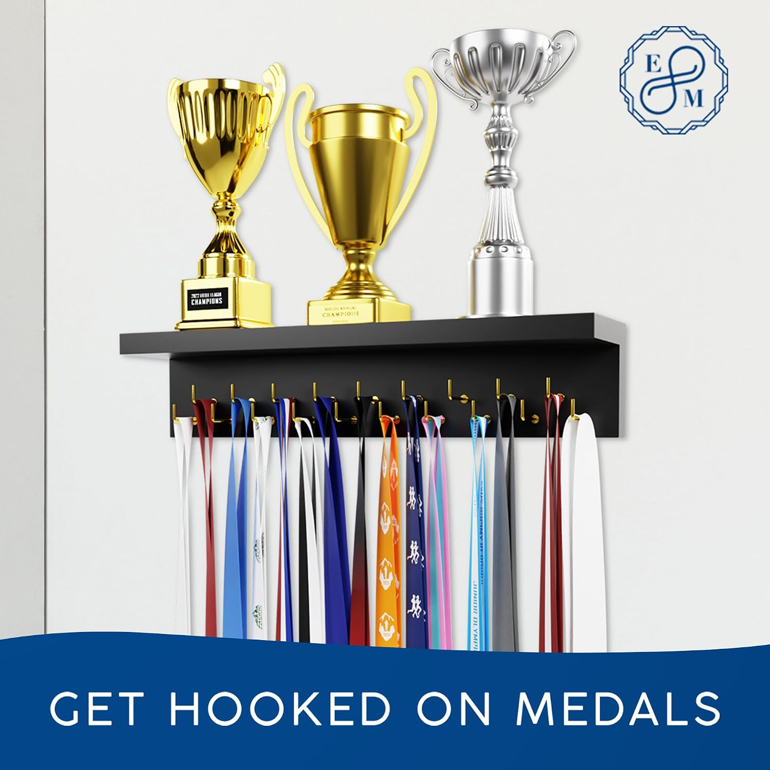 EVERMORE Medal Hanger Display and Trophy Shelf with Hooks - Wooden Medal Holder for Wall Mount Ribbon Display, Trophy