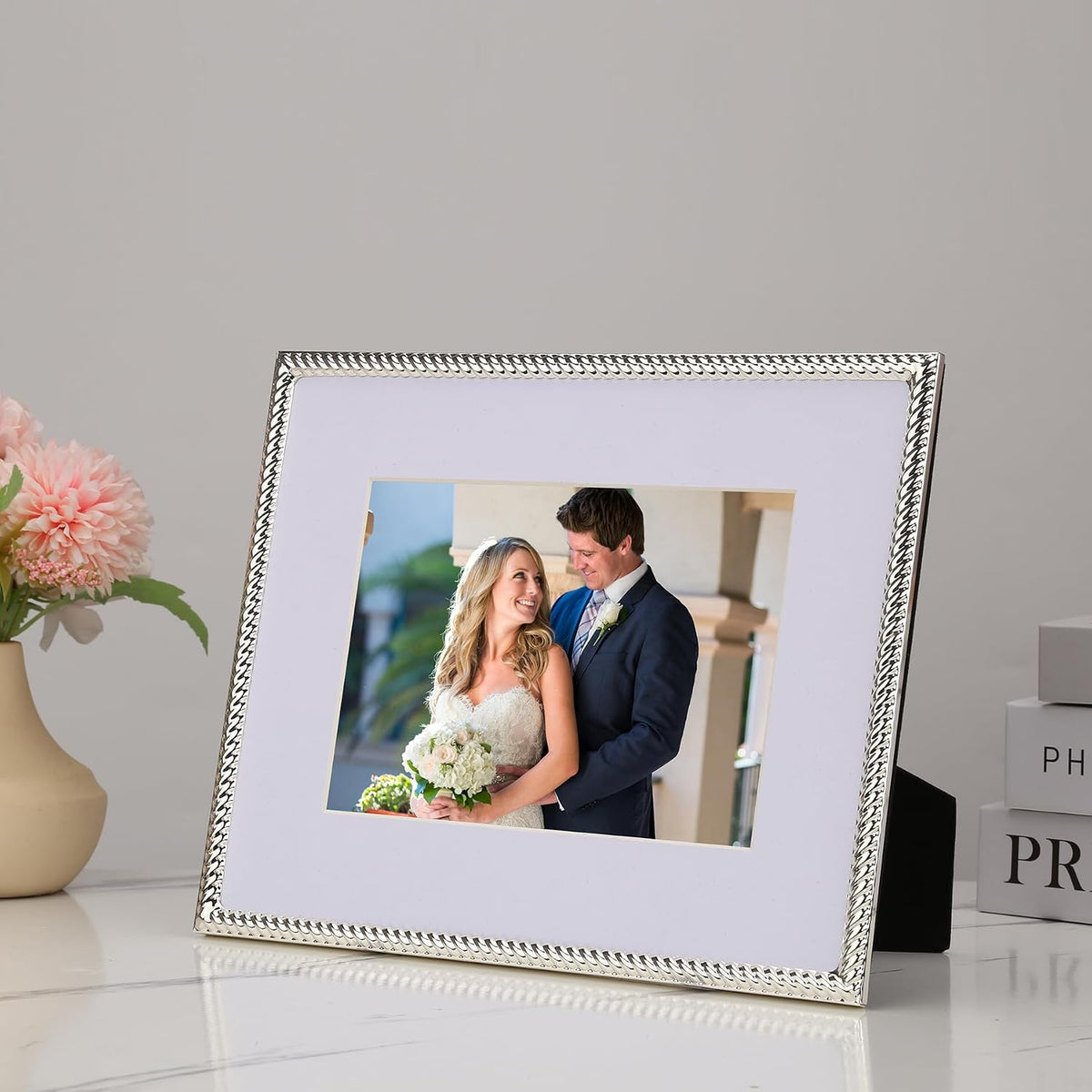 Silver 8x10'' Rope Design Metal Picture Frames 2 Pack with Acid Free Mat for 5x7'',Silver Photo Frame 7x5'',Hi Quality