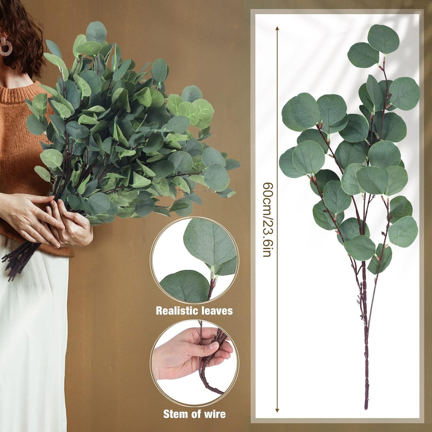 Artificial Eucalyptus Stems Fake Bulk Eucalyptus Faux Greenery / Silver / 23.6 Inch / Set of 20