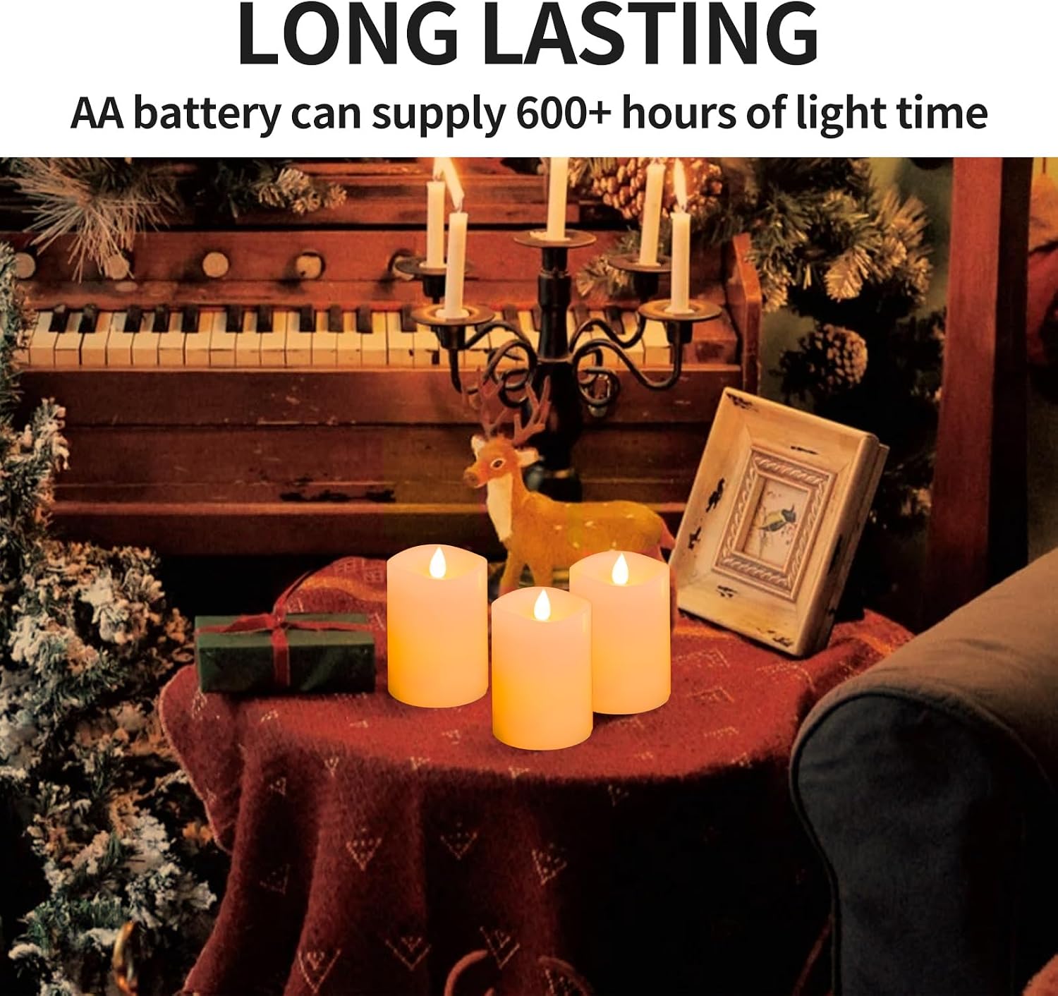 3″x4″ Flickering Flameless Candles Set of 3, 2AA Battery Life 600 Hours Battery Candles Flickering with Timer,4 inch