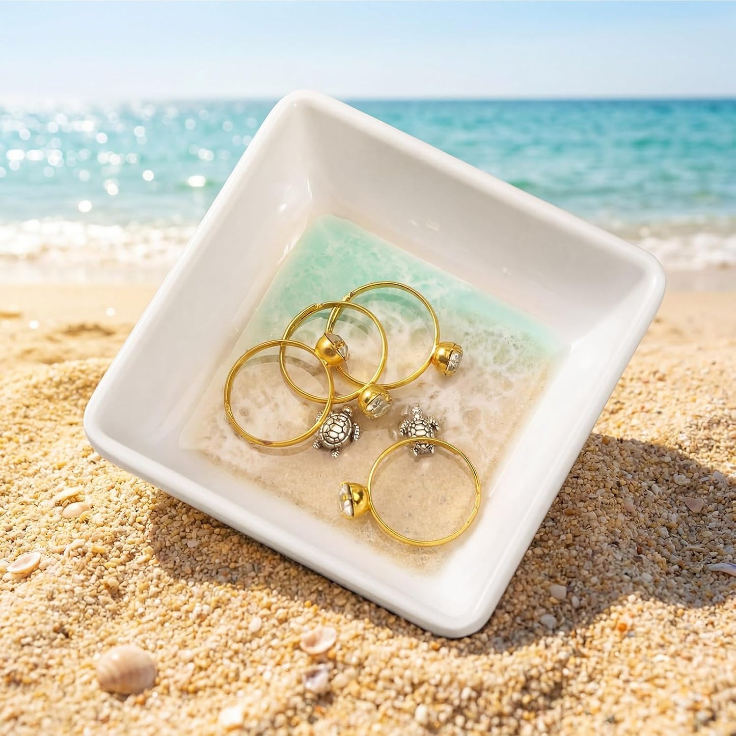 Handmade Ocean Resin Jewelry Tray Mini Turtle Square Ring Dish Jewelry Holder for Rings Earrings