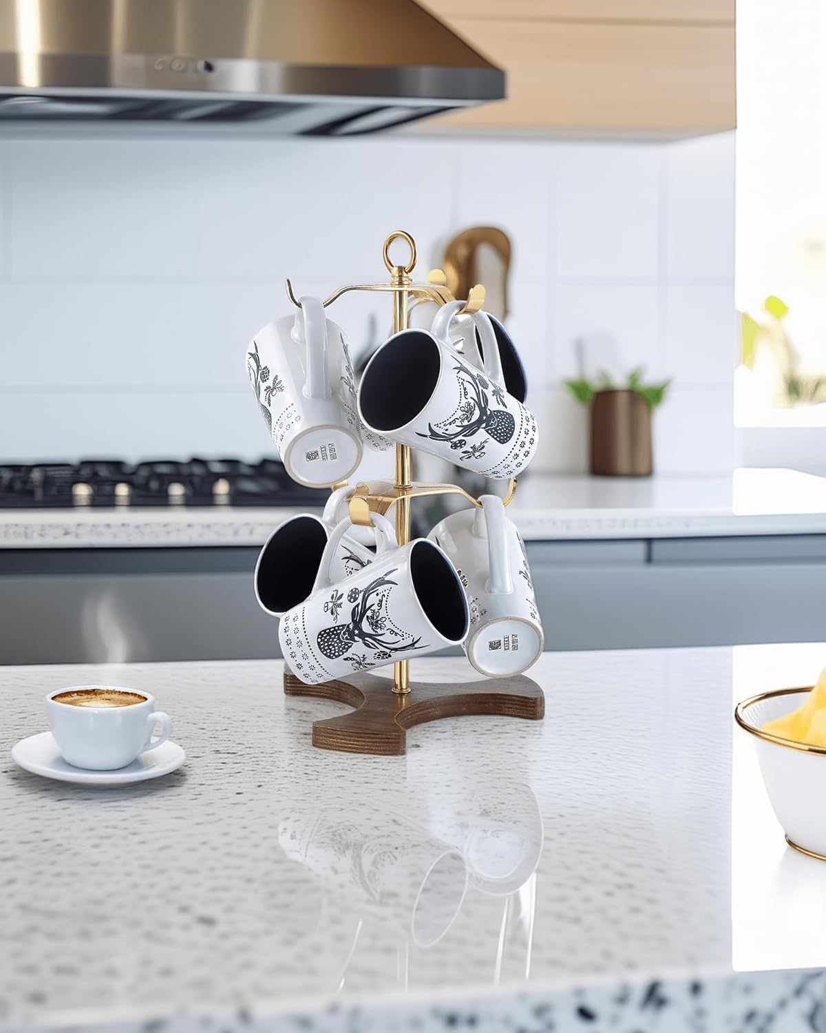 Gold Mug Holder Tree for Countertop | 2-Tier Coffee Mug Rack Holds 6 Large Mugs, 5oz to 20oz | Elegant Golden Cup Stand