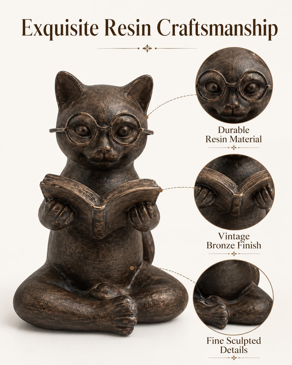 Cat Figurine Reading Book / Reading Cat / Bronze