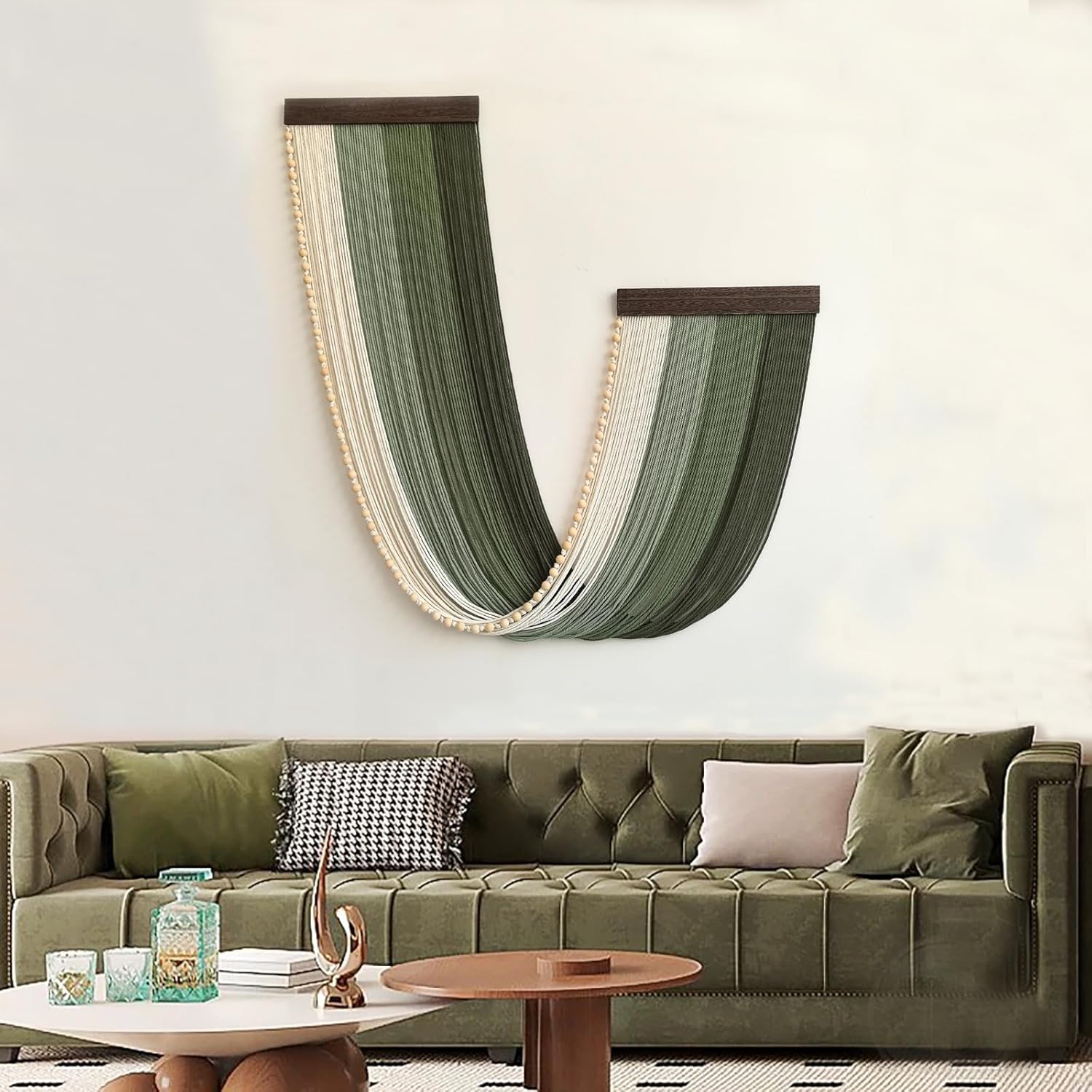 Large Macrame Wall Hanging Dip Dyed Yarn Tapestry Ombre Yarn Gradient Color Macrame / Green + Bead