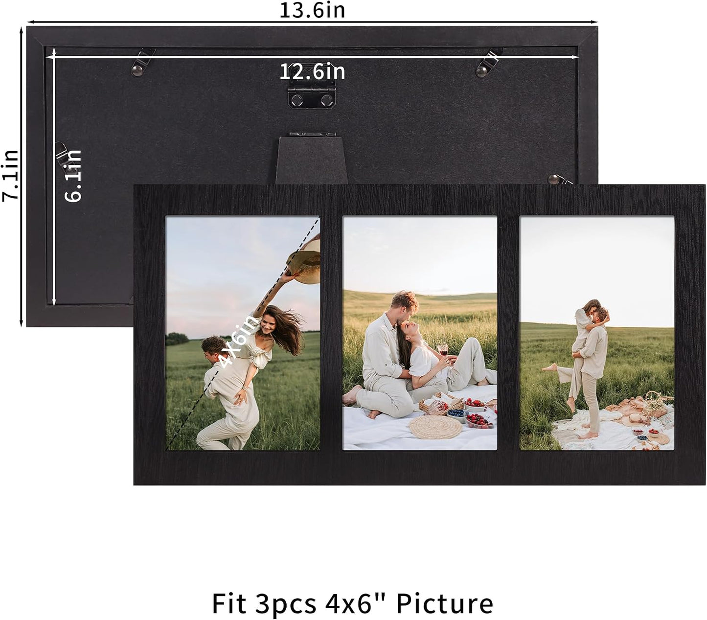 Wood Frame / 3 Picture Frame / Rustic Black / 4 x 6 / 3 Opening