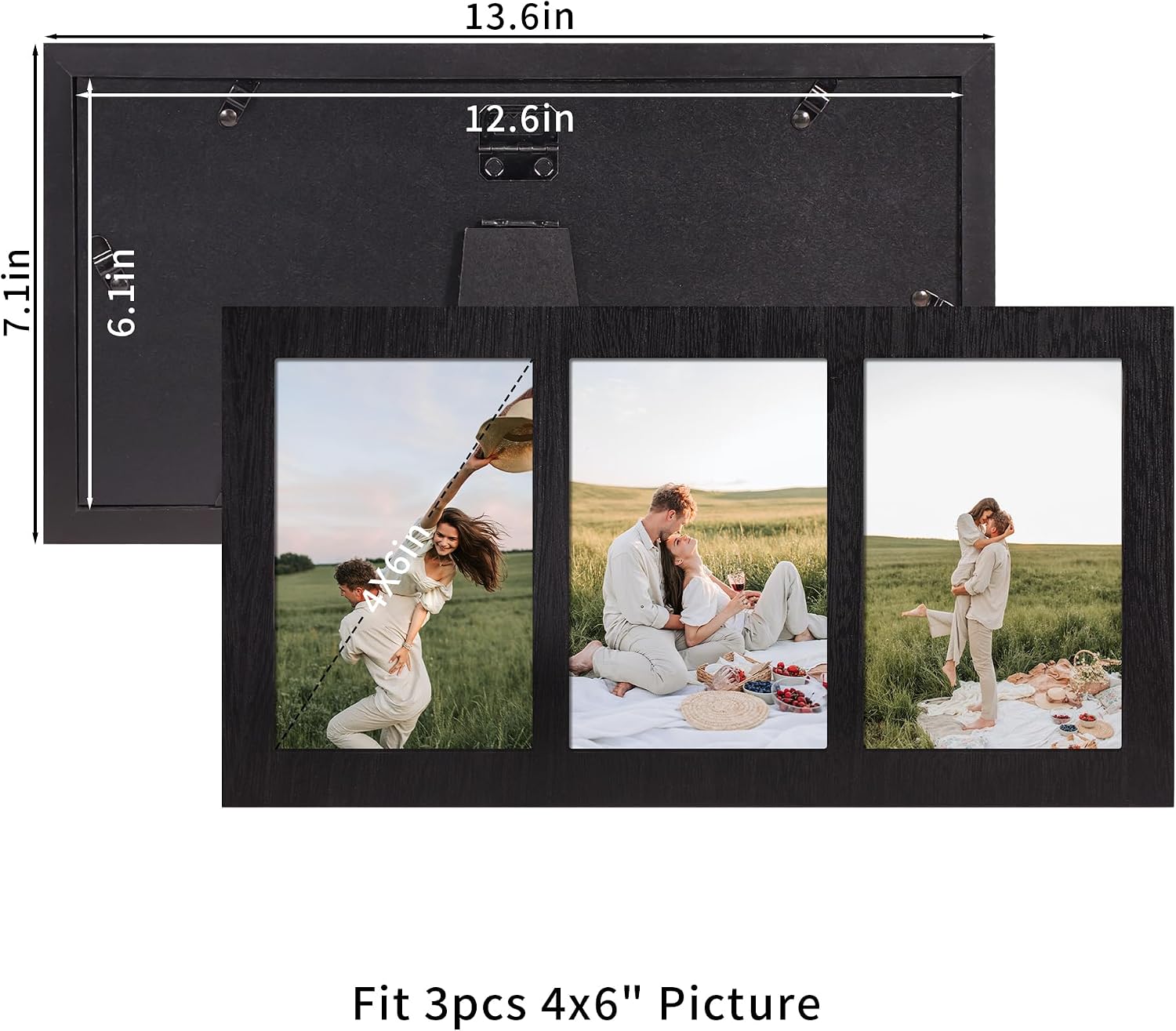Wood Frame / 3 Picture Frame / Rustic Black / 4 x 6 / 3 Opening
