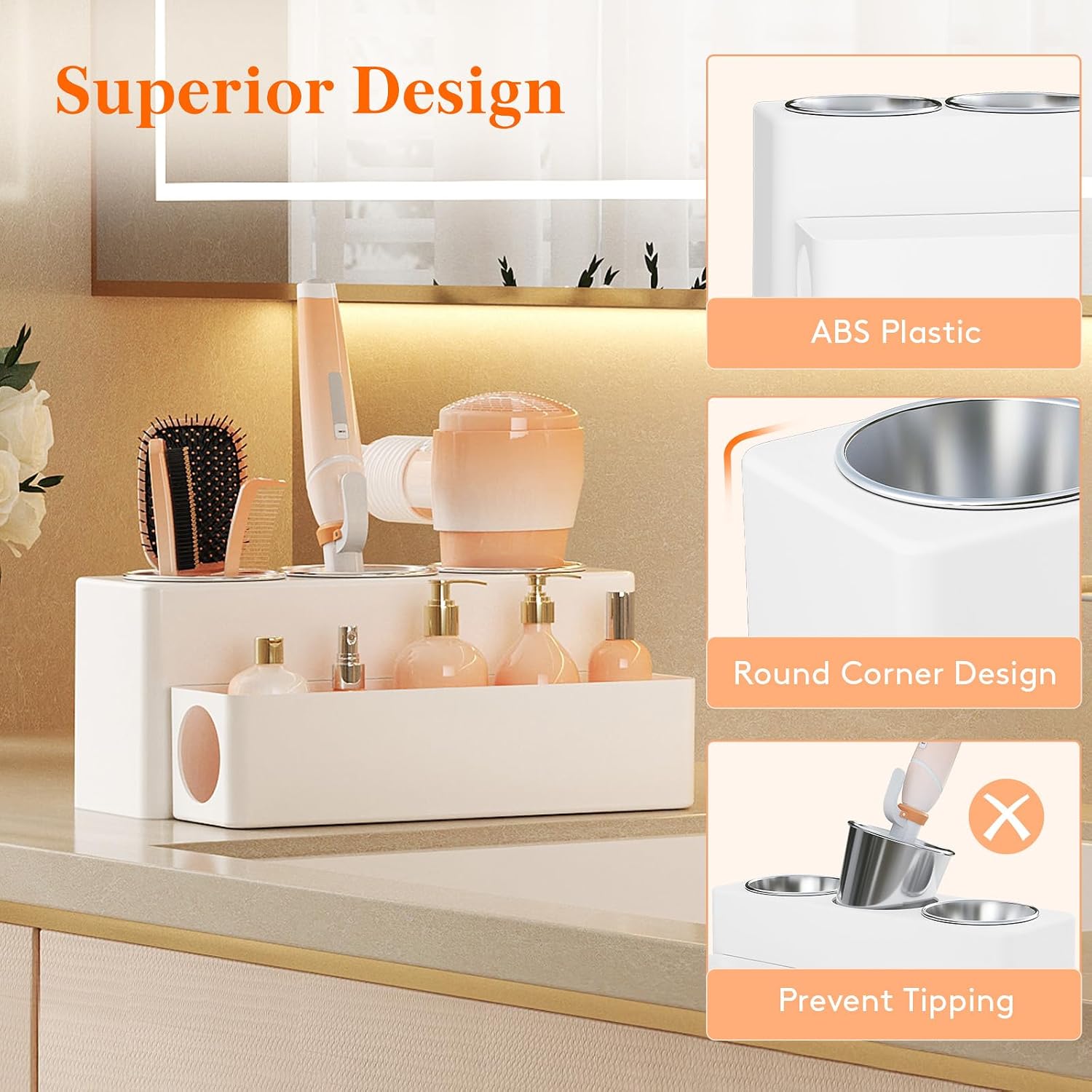 Lifewit Hair Tool Organizer Dryer Holder Countertop with 3 Cups, White | 3 Stainless cups Tools Organizer, Acrylic body