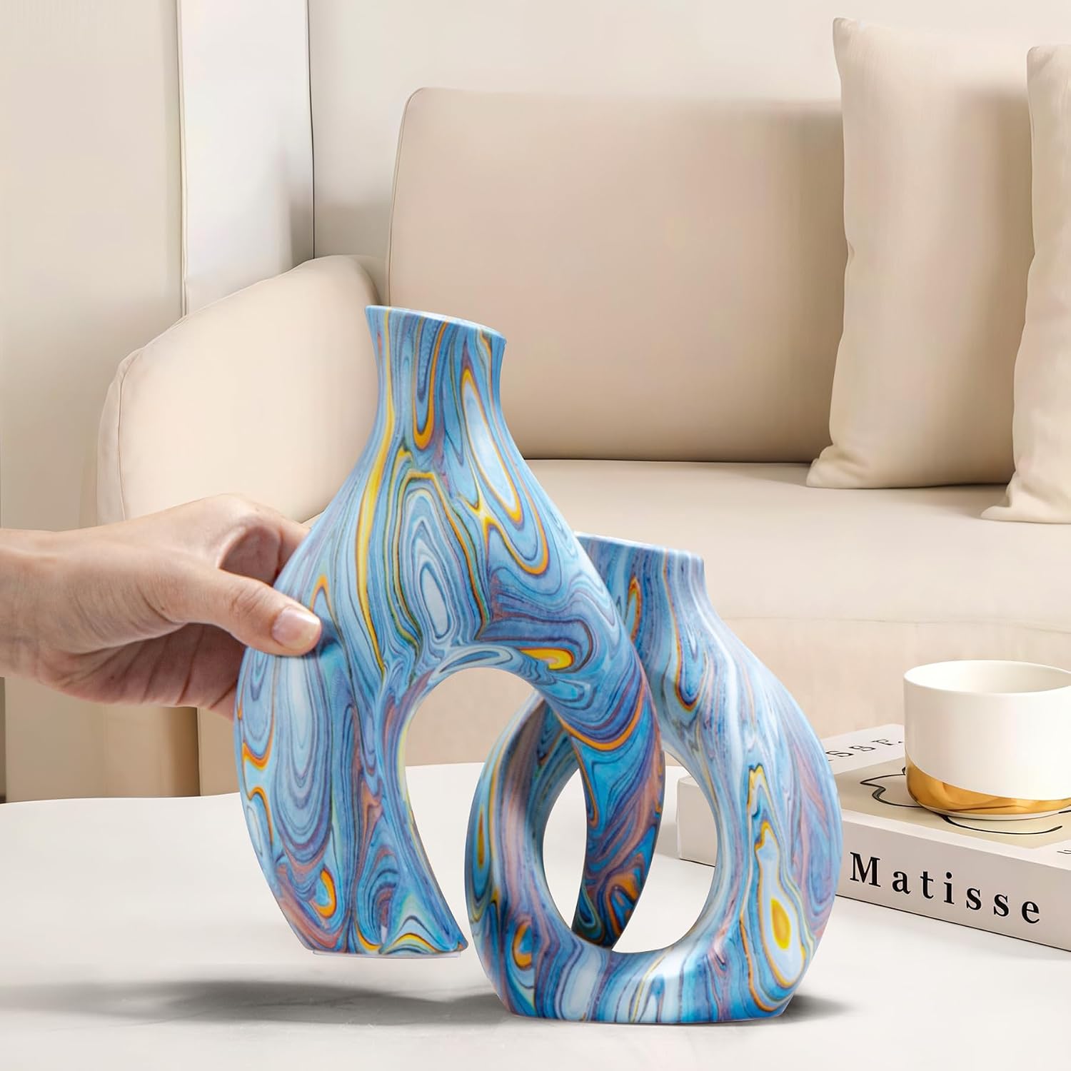 Ceramic Vases / Handcrafted Water-Transfer Flower Vase Set / Ocean Donut / Blue / Set of 2