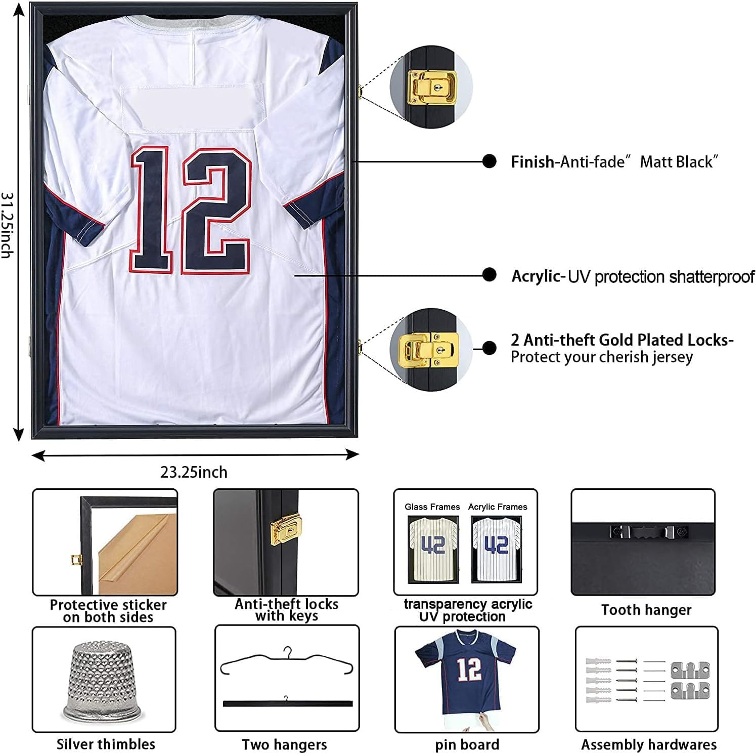 Sports Jersey Frame Display case for 2XL Hockey Jersey Display | Matte black wood frame, UV shatterproof acrylic