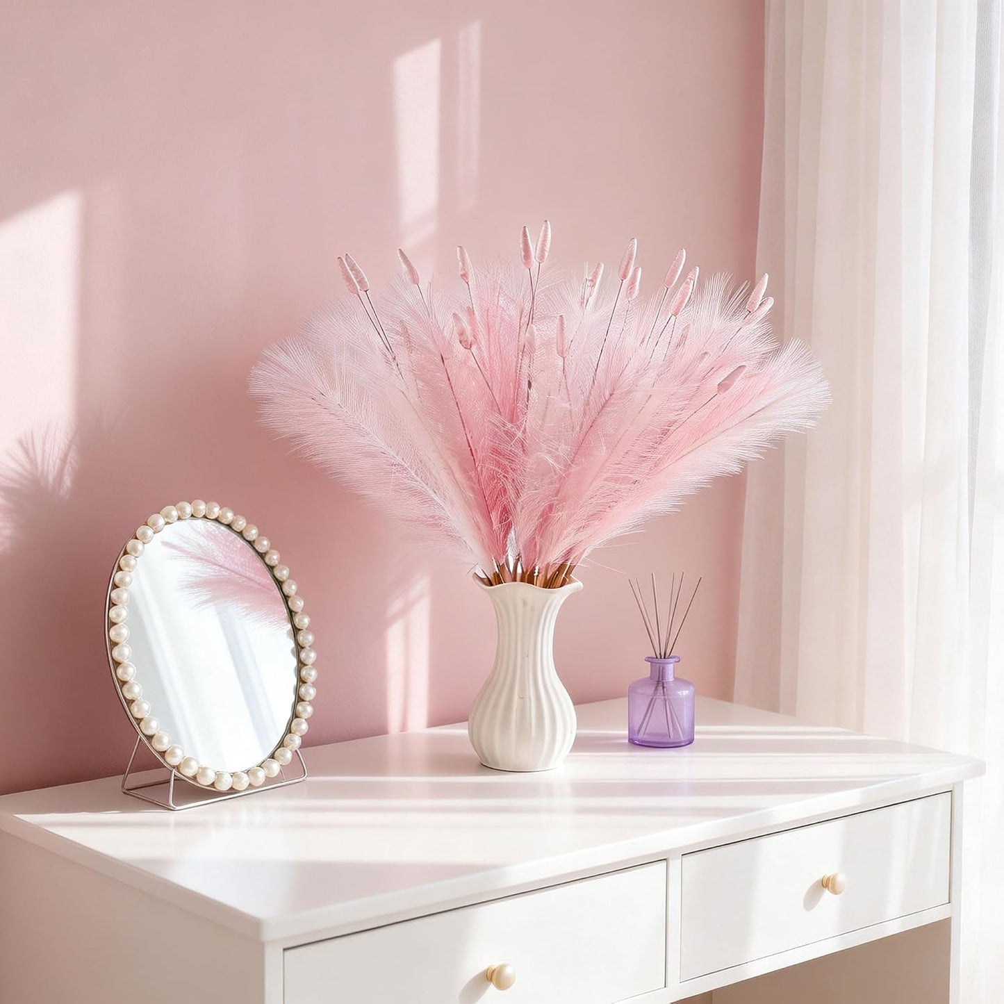 Bunny Tails Bulk Artificial Dried Flowers Small Vase / Pink / 23.6 Inch / Set of 45