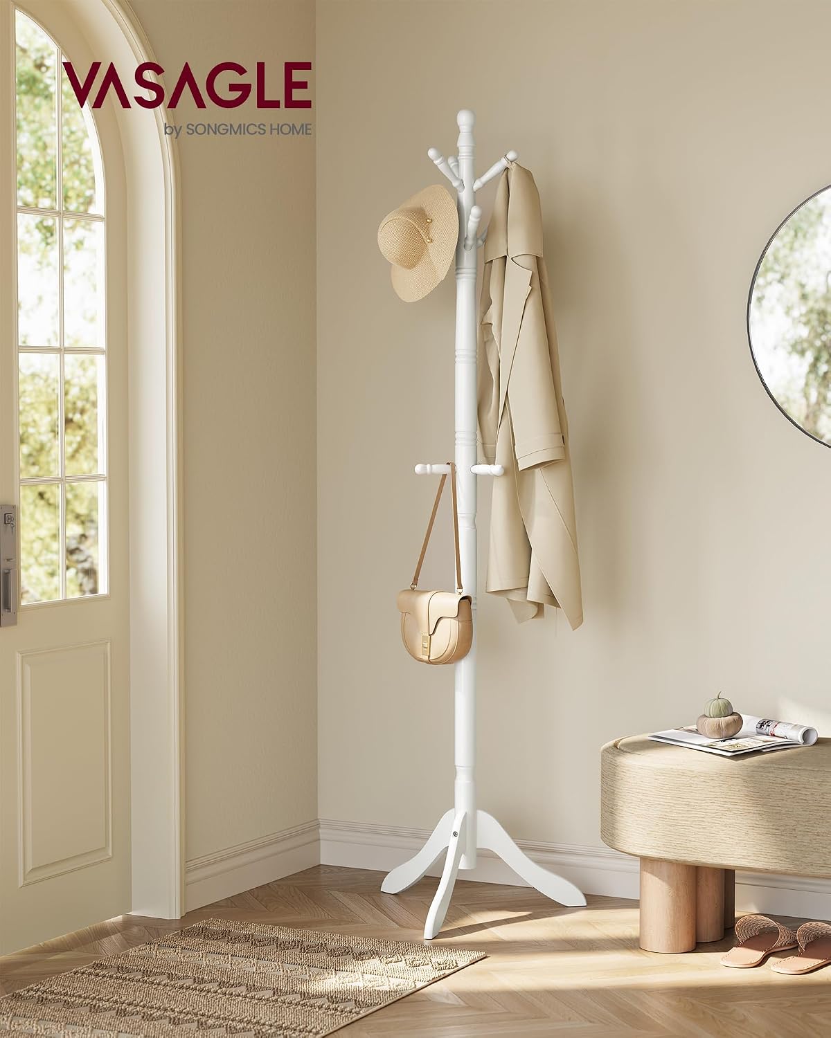 VASAGLE Solid Wood Coat Rack and Stand, Free Standing Hall Coat Tree with 10 Hooks for Hats, Bags, Purses, for
