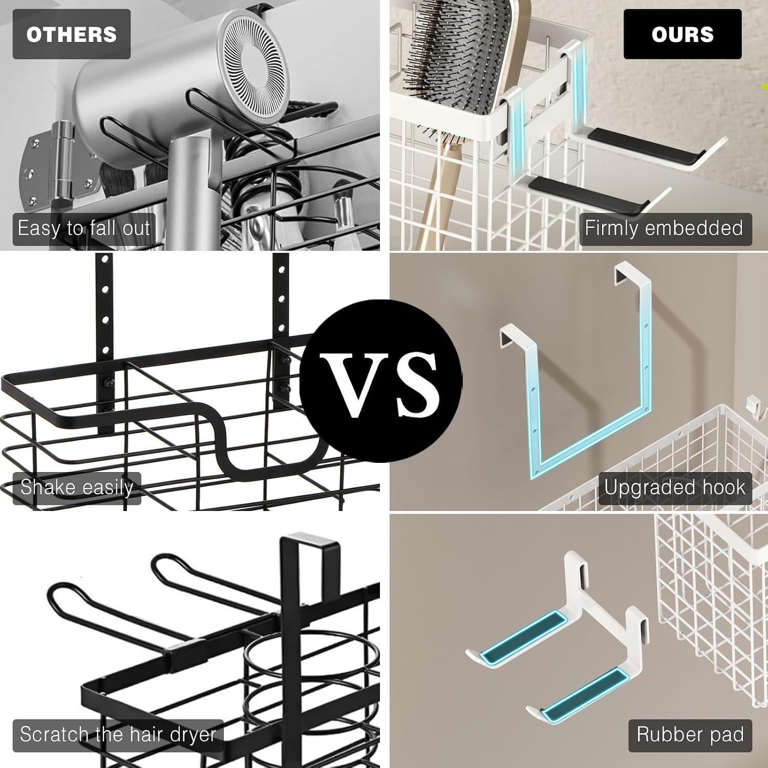 Voldra Hair Dryer Holder Cabinet Door, Adhesive Hair Tool Organizer Wall Mount Adjustable Height Blow Dryer Holder