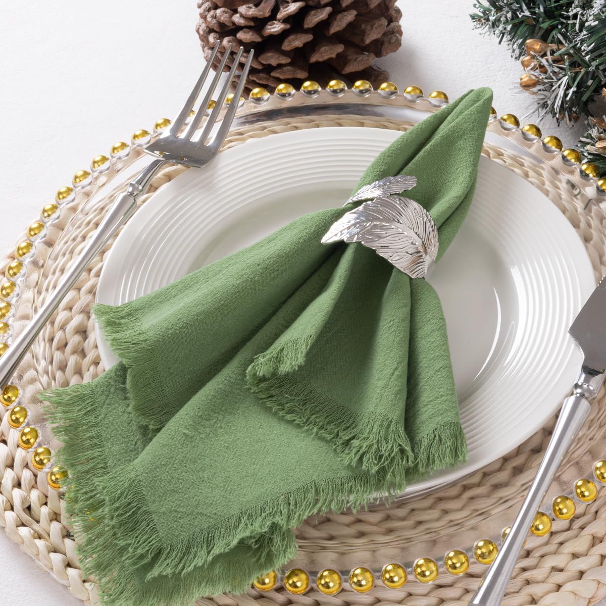 DeZerlor Sage Green Summer Cotton Linen Washable Cloth Napkins Set of 12 | Reusable Boho Handmade Table Napkins Bulk