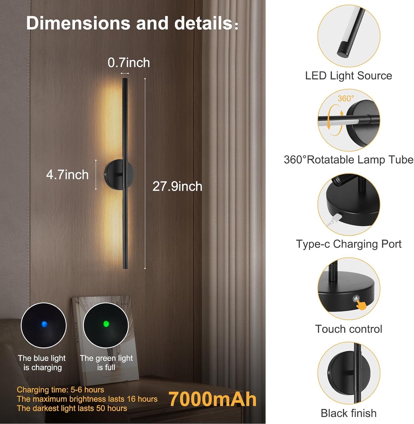 Wireless Battery Operated Wall Sconces with Remote, Black Rechargeable Led Wall Lights Set of Two, Cordless Dimmable